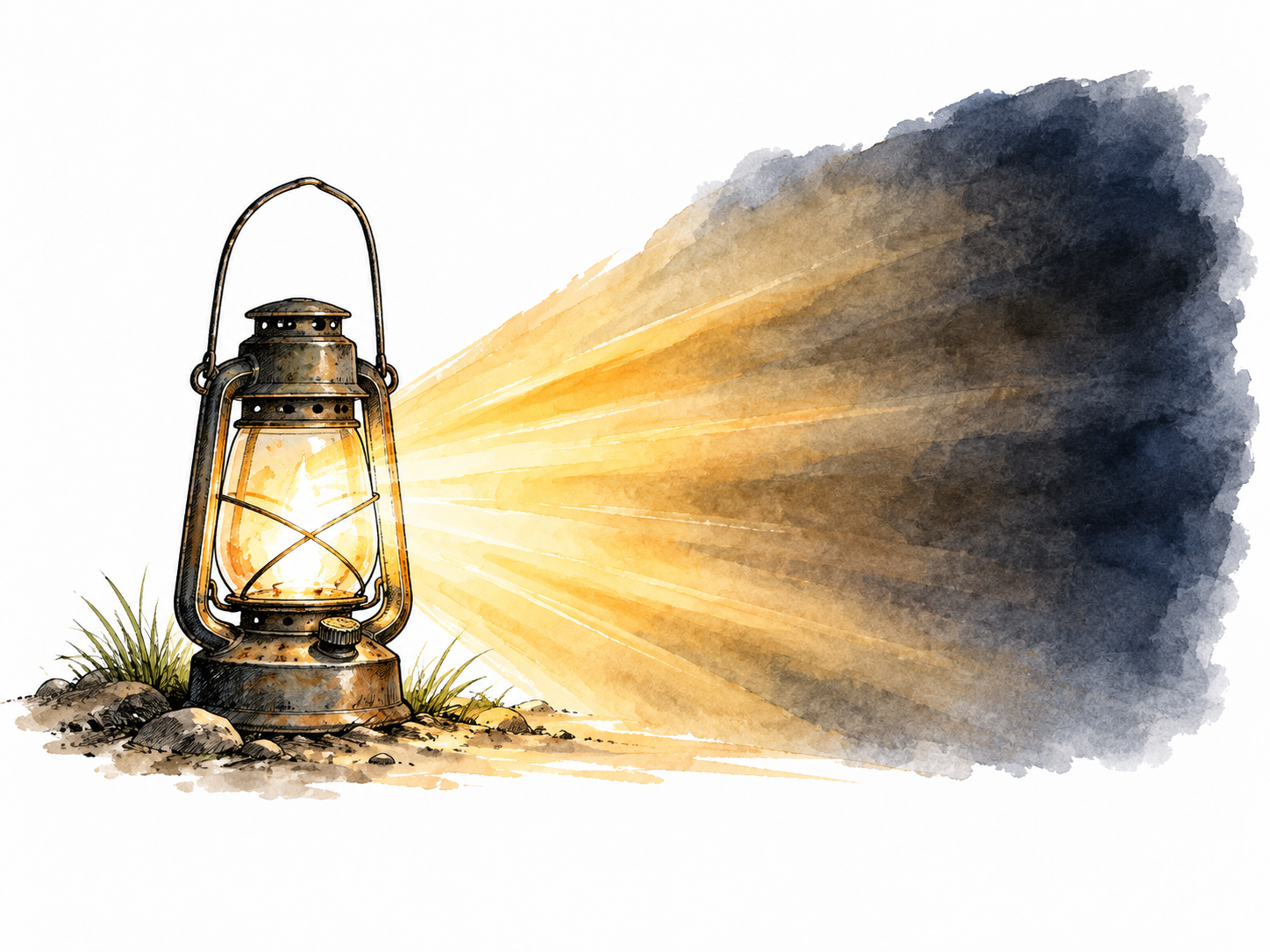 Warm light spreads from a small lantern into surrounding darkness.