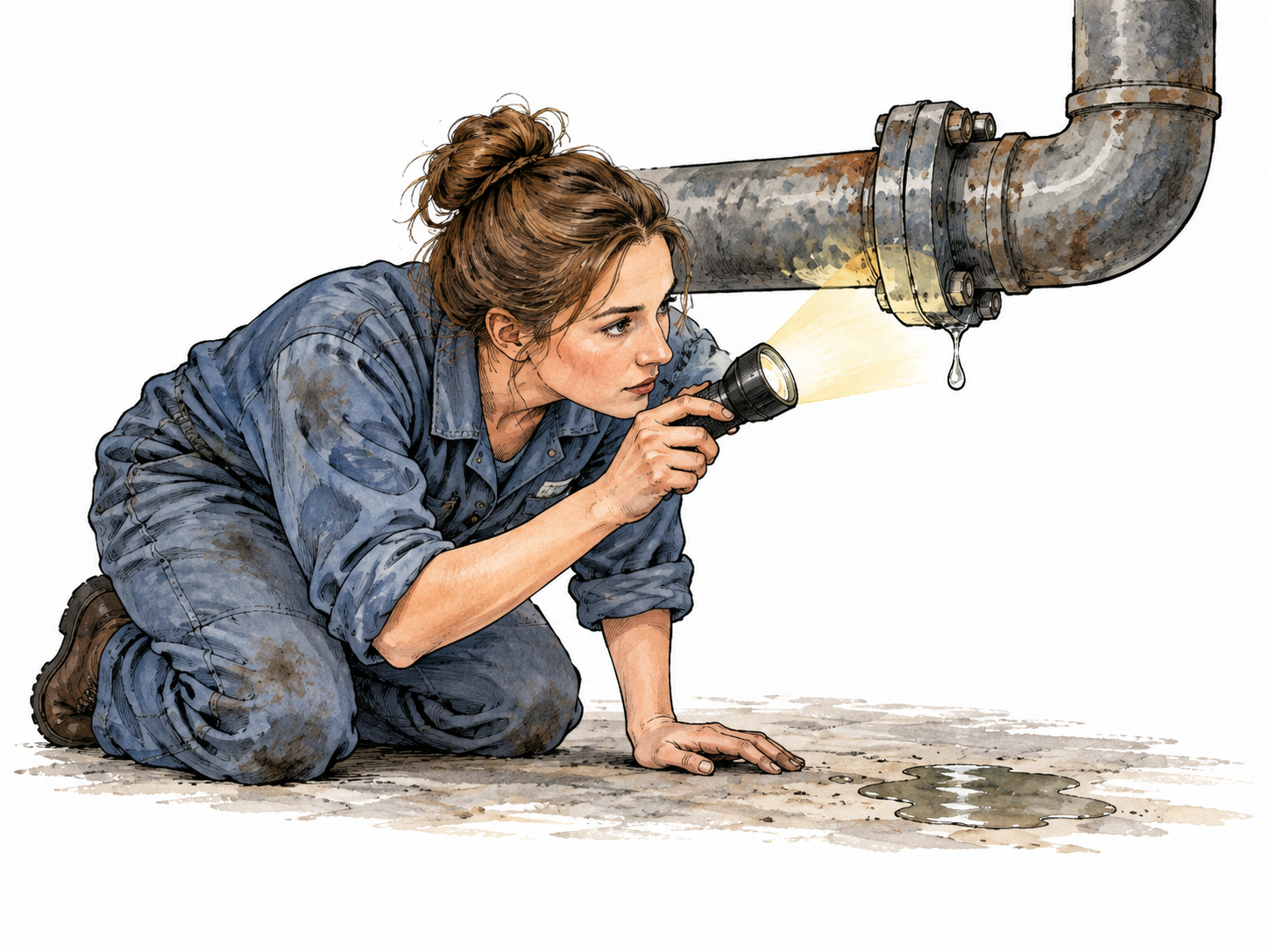 A white female mechanic discovering a tiny leak with a flashlight under a pipe joint.