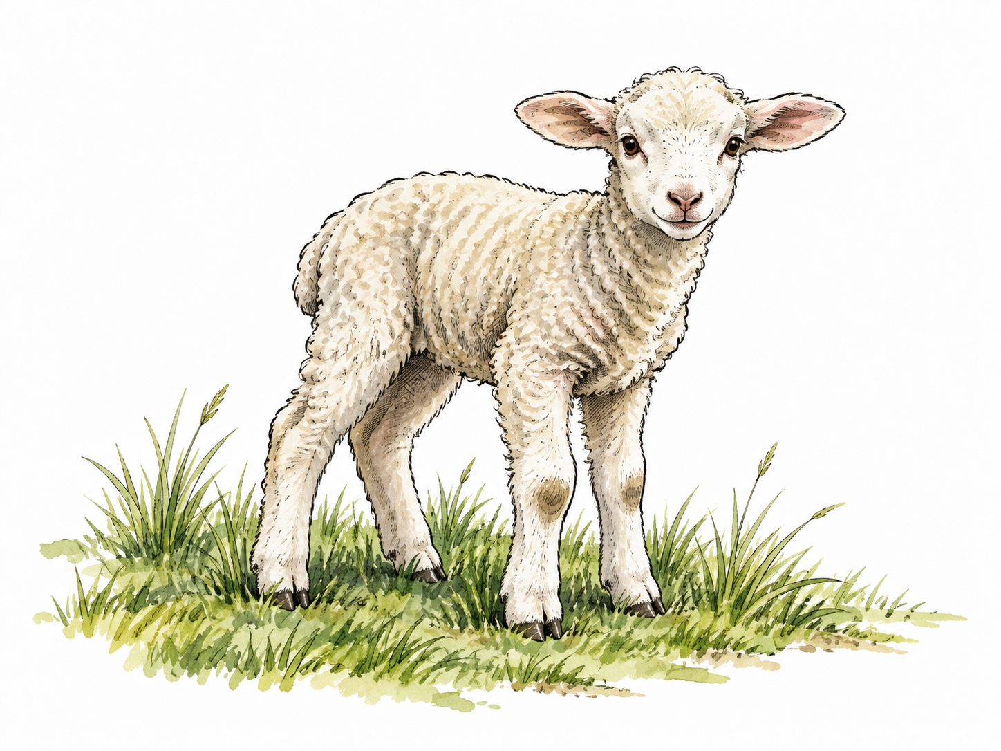 A young lamb standing alone in a green pasture, small size and fresh fleece.