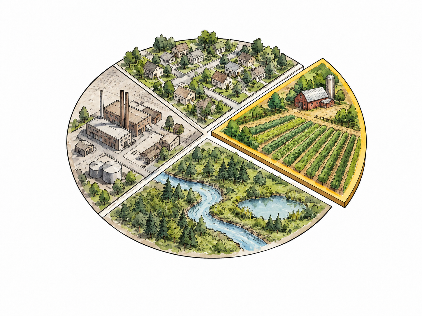 A circular map split into sectors with one wedge highlighted.