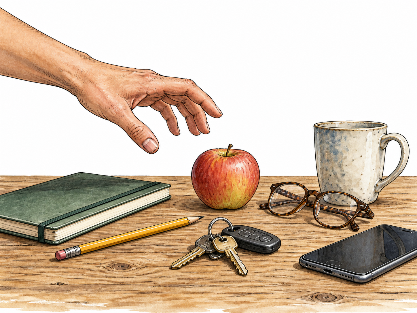 Hand reaches toward diverse ordinary objects on table, any choice possible.