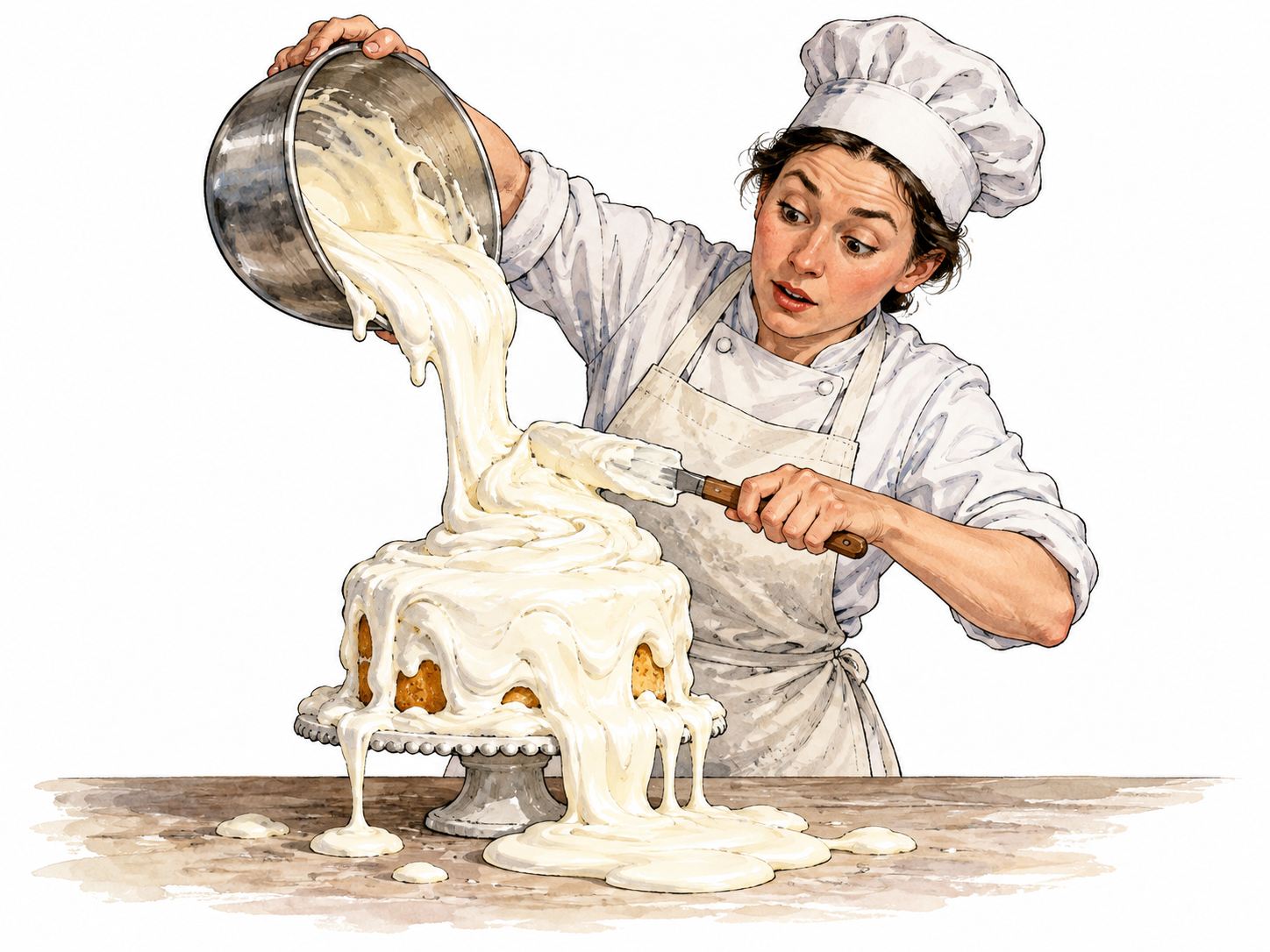 A white baker adding far too much icing until it spills down and overwhelms a small cake.