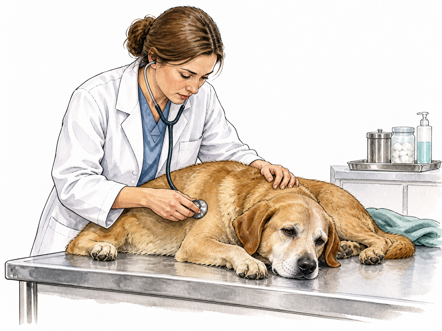 A veterinarian examines a lethargic dog on a clinic table, supportive non-graphic disease context.