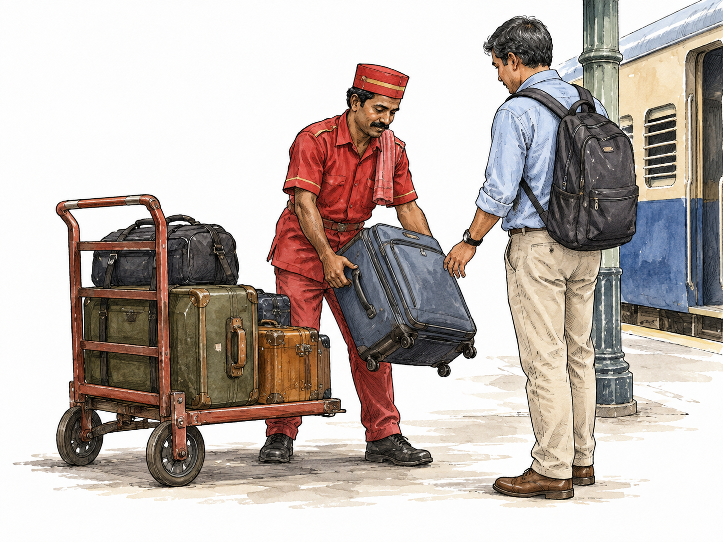 A uniformed South Asian station porter wheeling luggage and lifting one suitcase for a traveler, dignified work.