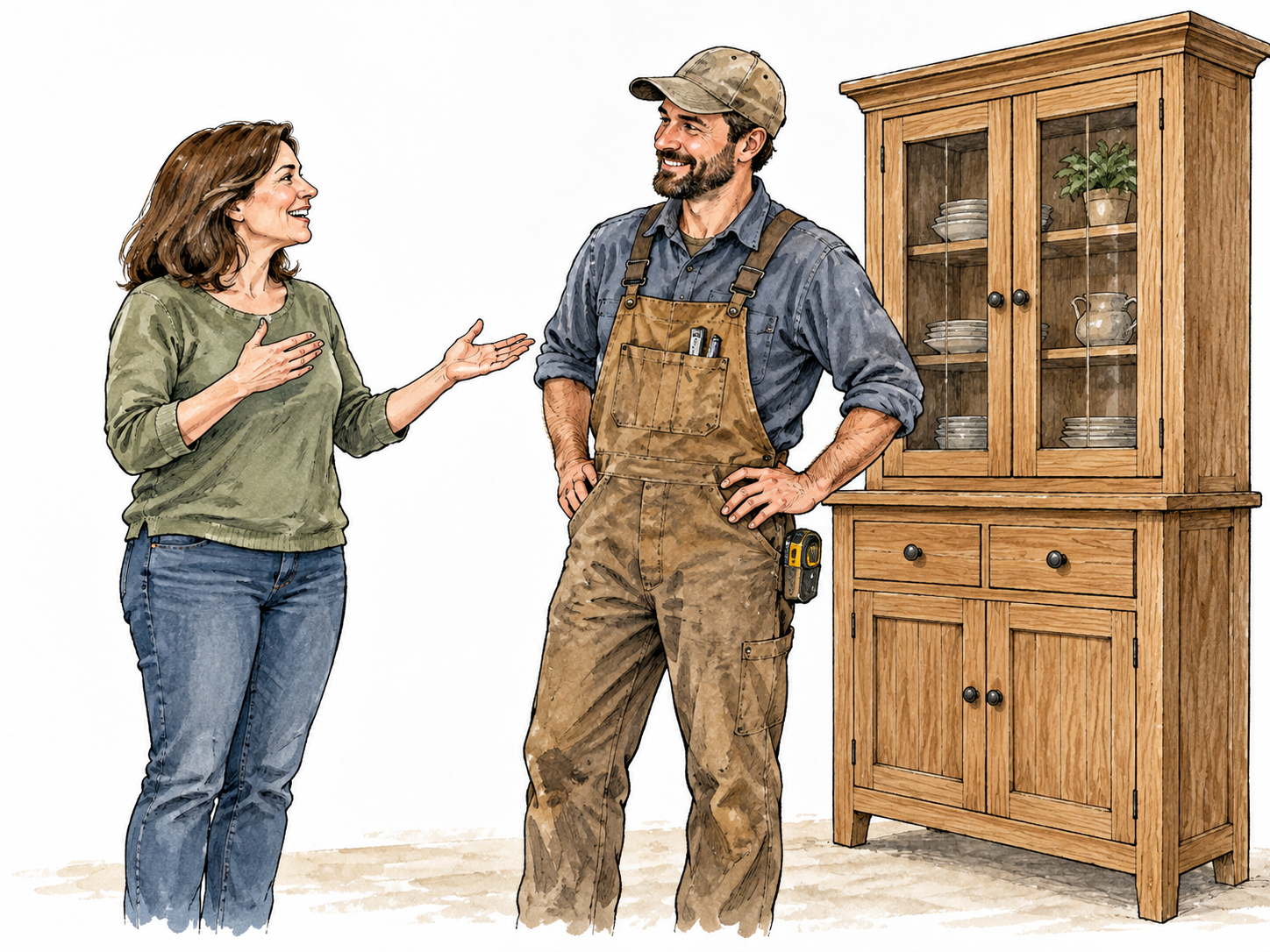 Satisfied client delivers positive statement about carpenter's work beside finished cabinet.