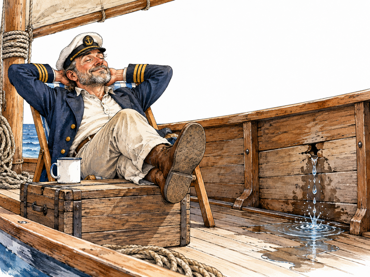 Relaxed captain ignores small leak in boat hull.