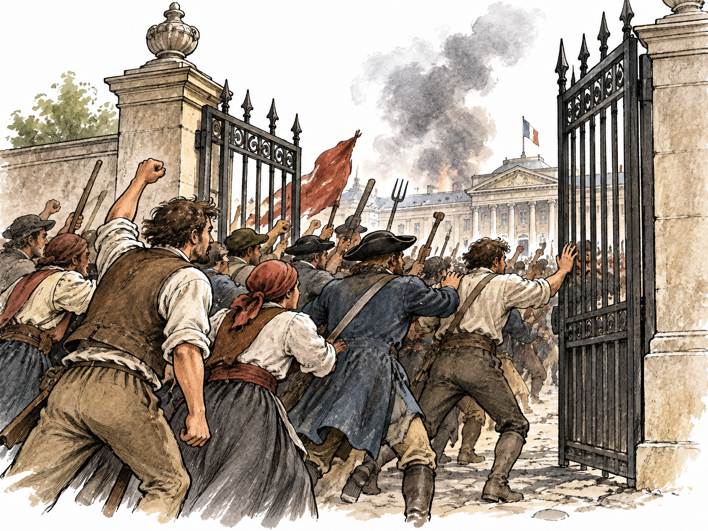 A historical crowd forcefully pushing through a government gate, smoke in distance, unrest and uprising, no injuries or extremist insignia.