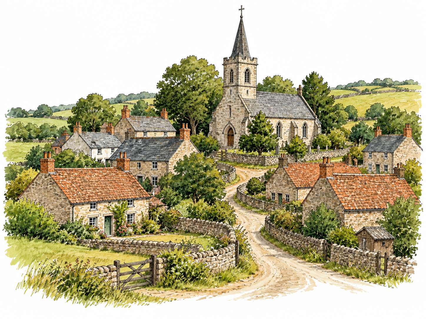 Compact rural village clustered around small church.