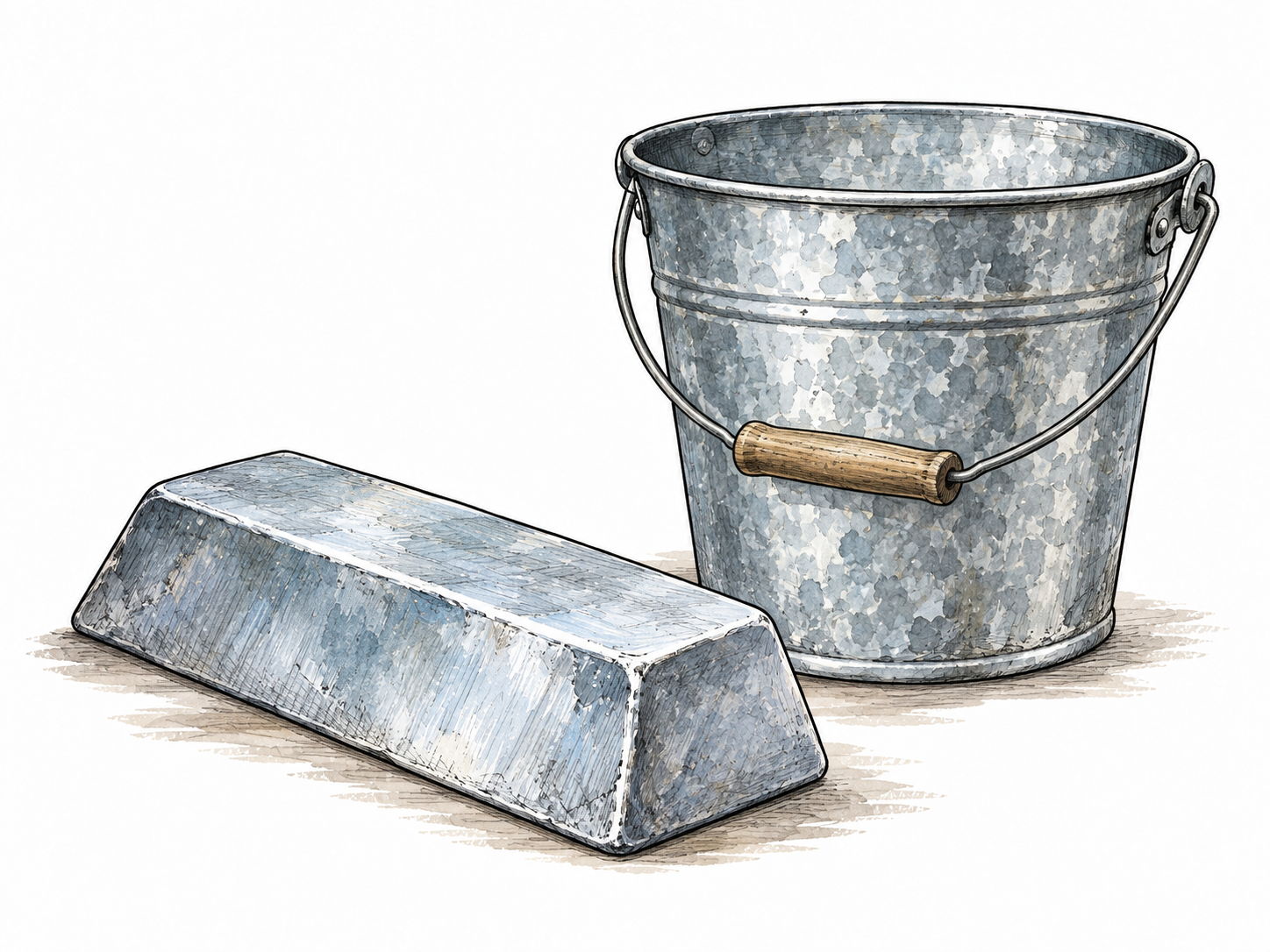 A bluish-white zinc ingot beside a galvanized metal bucket.