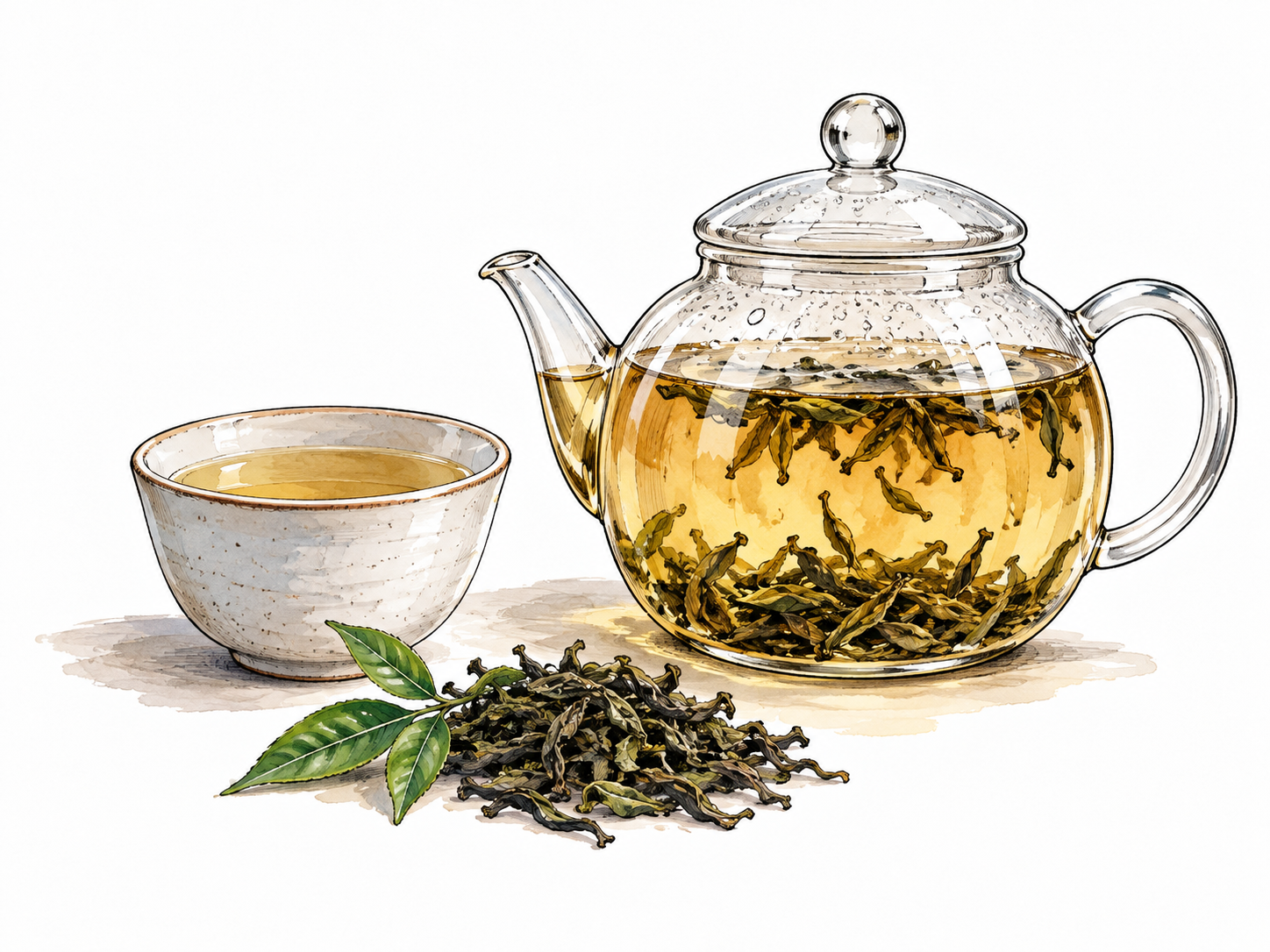 Tea leaves steep in glass pot beside cup.