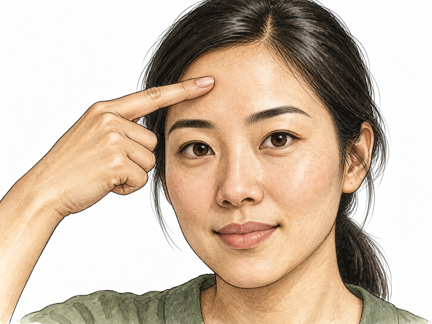 Close-up East Asian adult face with one finger gently touching forehead above eyebrows.