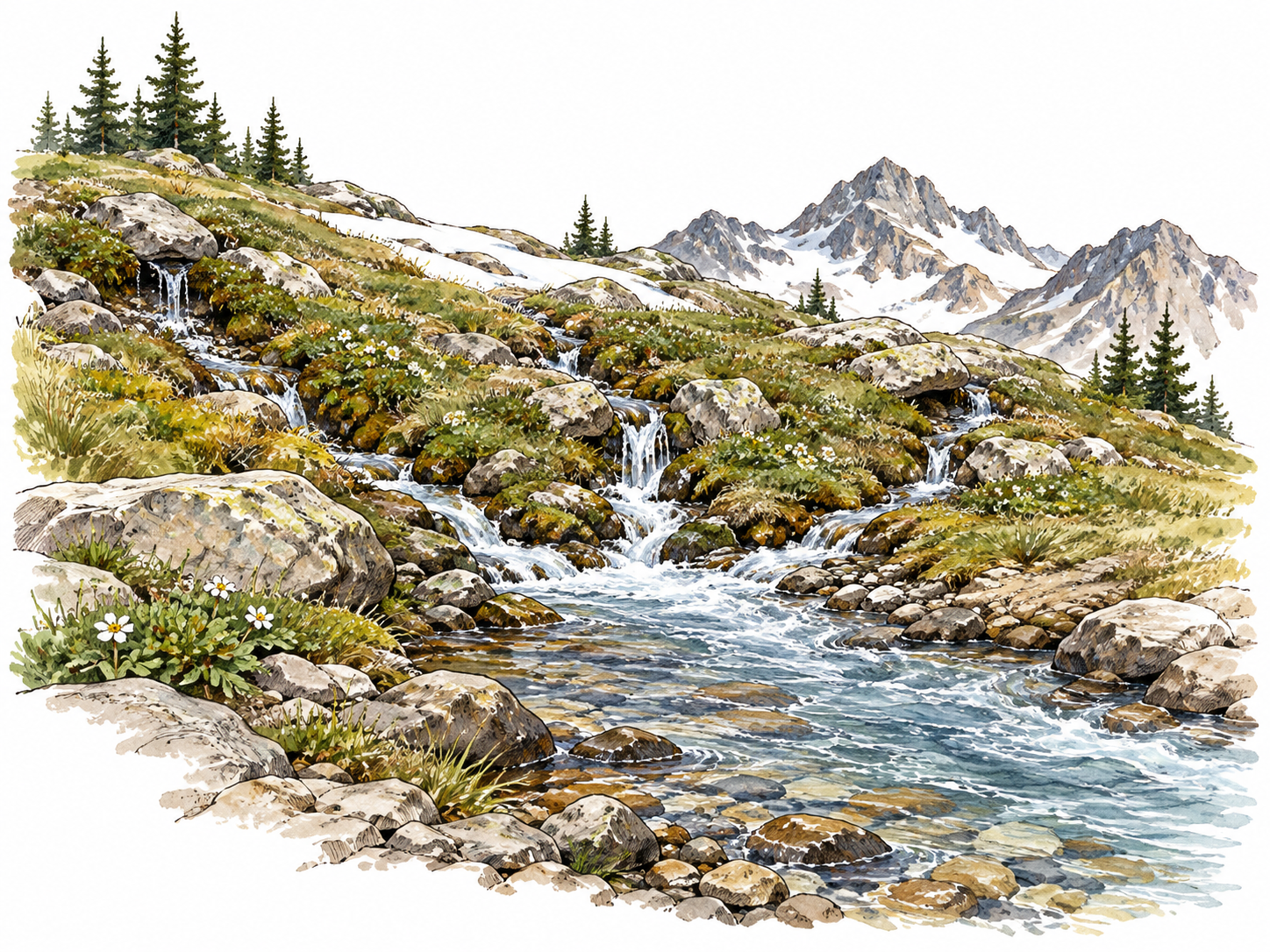 Several tiny mountain springs merge into a young river, geographic source clear.