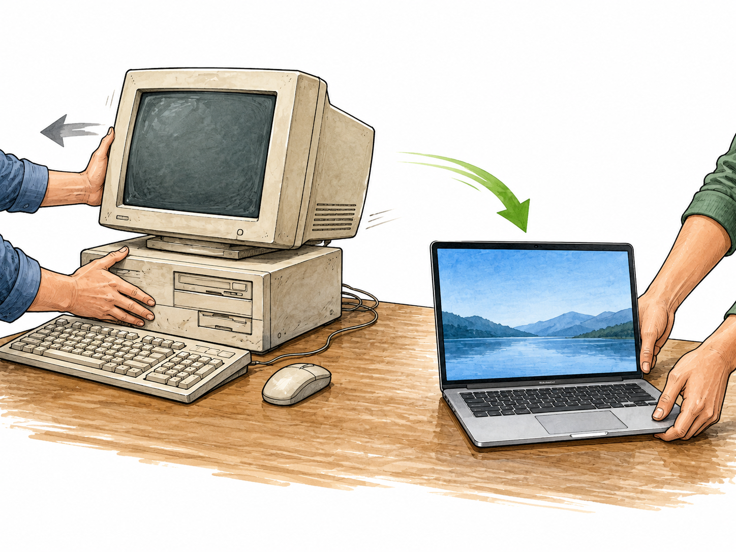 An old desktop computer is being moved aside as a modern laptop takes its place, transition still ongoing.