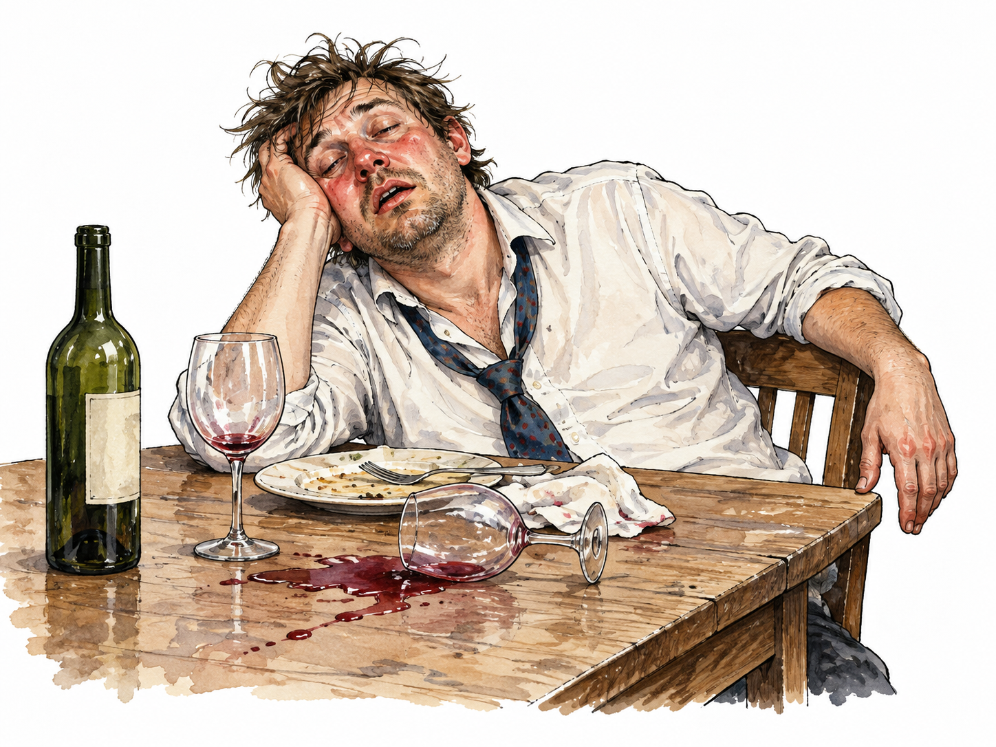 A disheveled white adult man slumped drowsily at a dinner table beside tipped empty wine glasses; obvious drunken unsteadiness, no glamor, no driving.