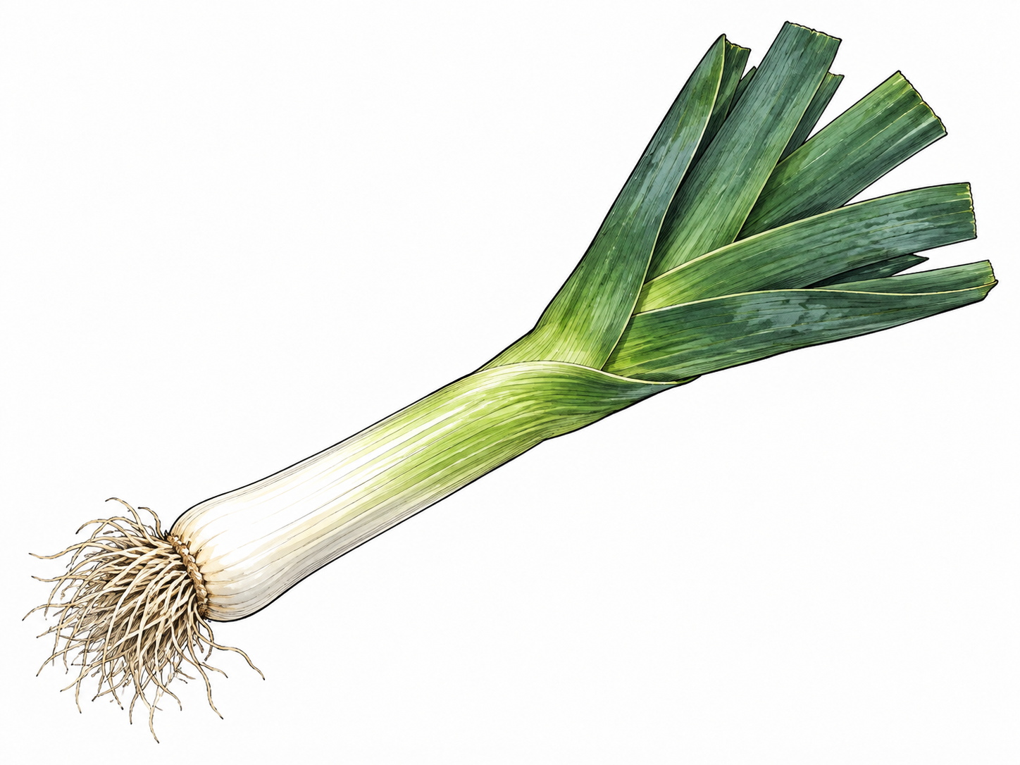 Fresh leek with long green leaves white stalk and fine roots.