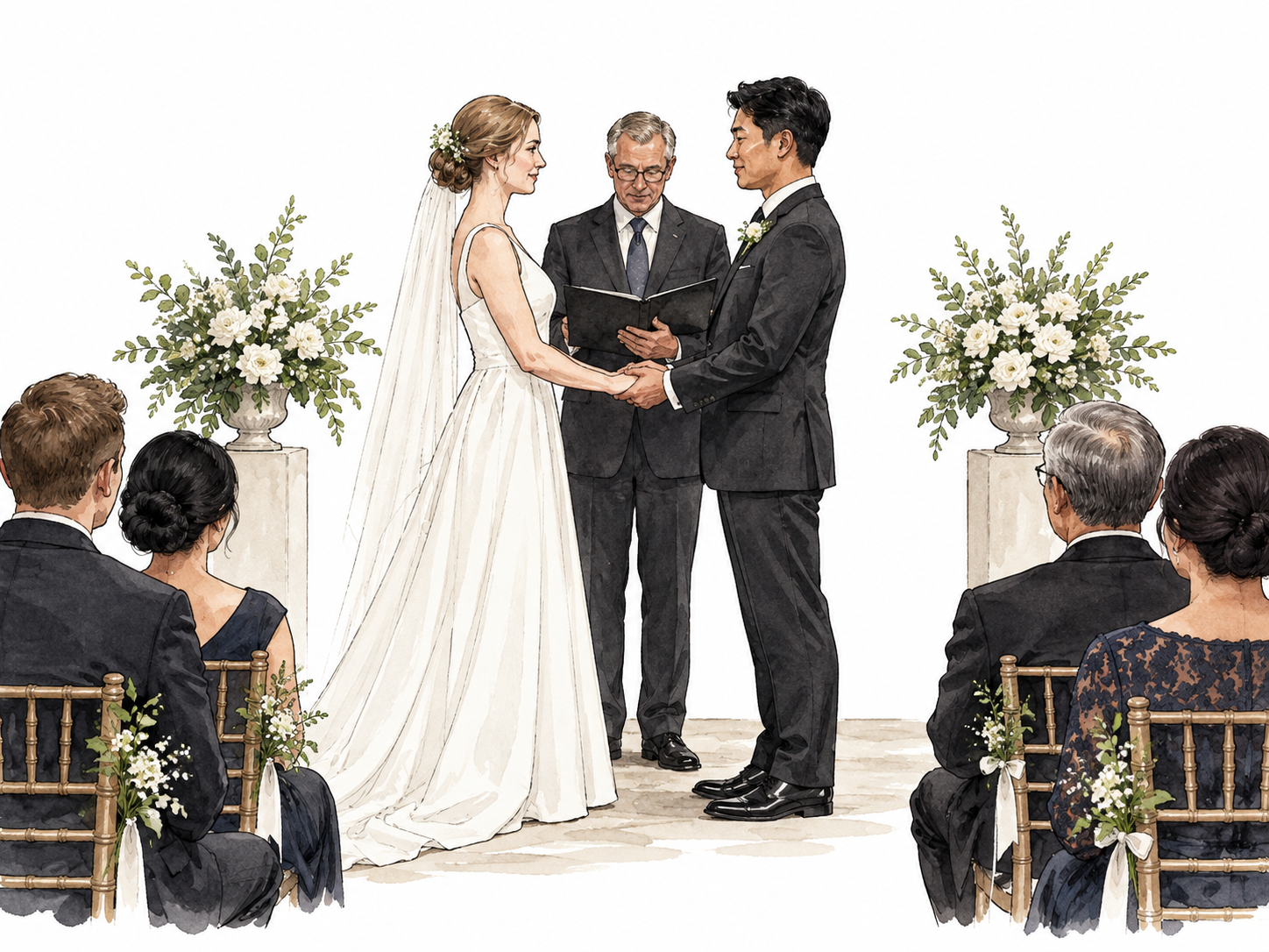 A couple and guests at a traditional civil wedding, dark formal suits and white dress, following familiar ceremony; white woman and East Asian man, restrained setting.