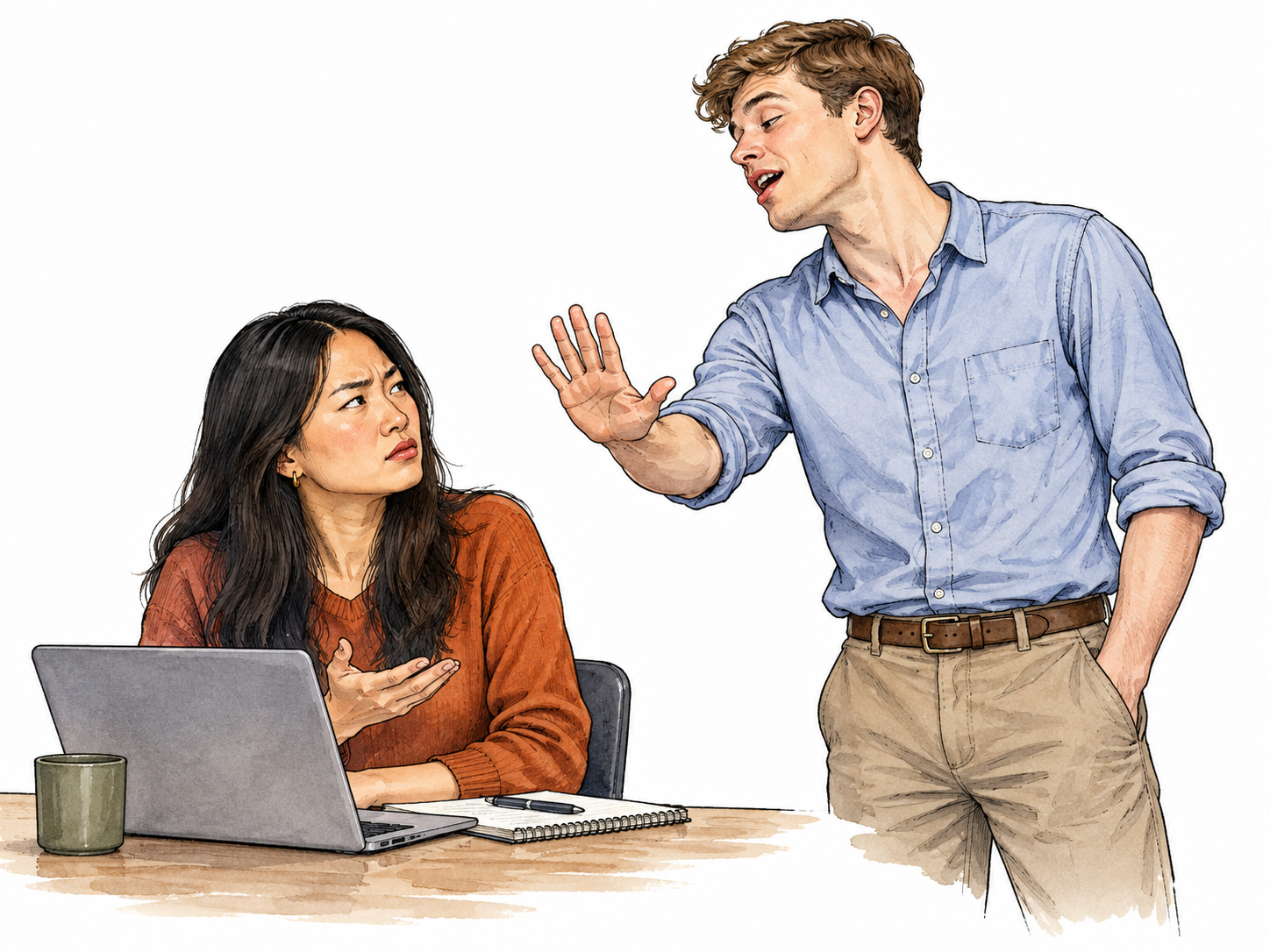 A white young man rudely interrupts a seated East Asian woman's conversation with dismissive hand gesture, she looks annoyed.