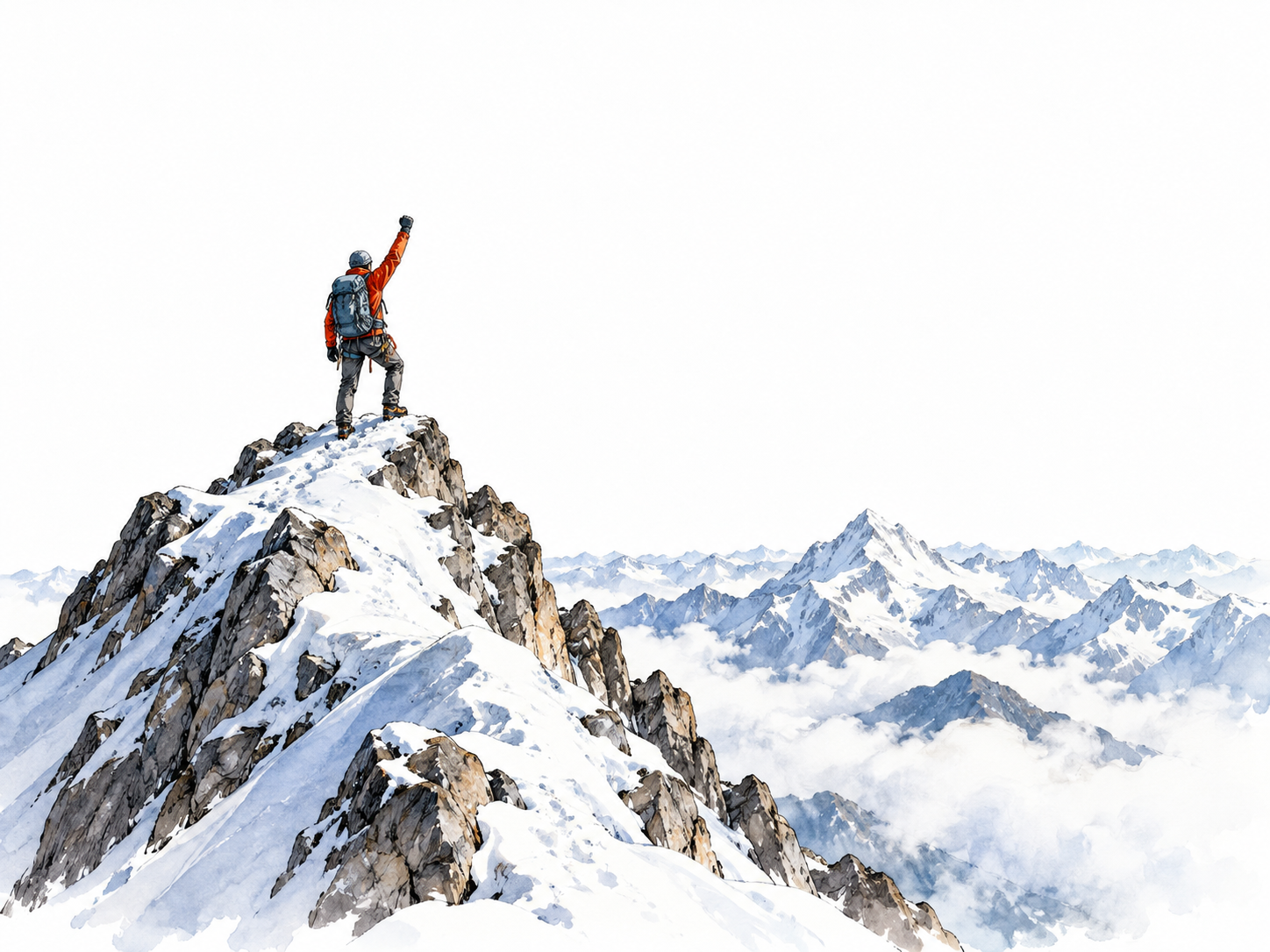 A lone mountain climber stands at the highest snowy summit, tiny below sweeping sky.