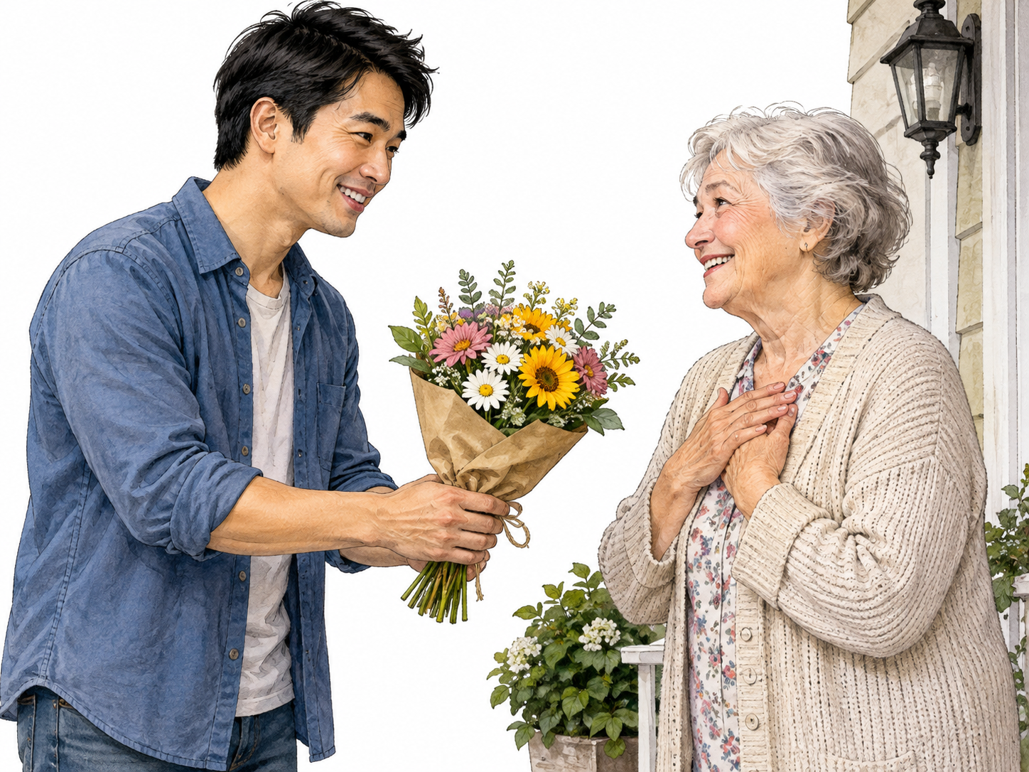 A small bouquet offered with a grateful smile by an East Asian man to an older white neighbor, appreciation.