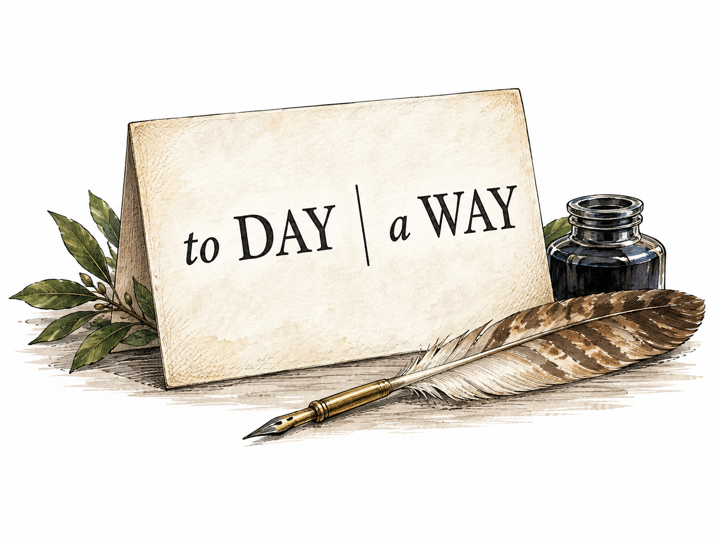 A poetry card shows exactly "to DAY | a WAY" with unstressed lowercase then stressed uppercase rhythm repeated, clean scholarly illustration with quill.