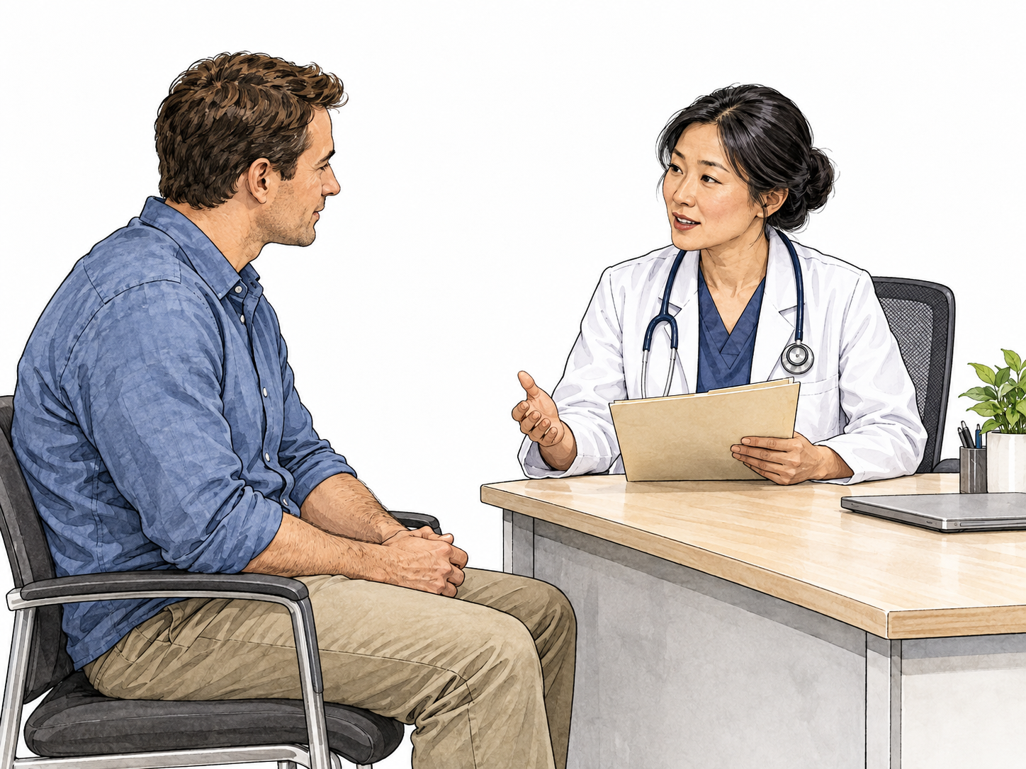 A fully clothed adult man in a blue shirt consulting an East Asian woman urologist at her clinic desk before a minor surgical procedure.