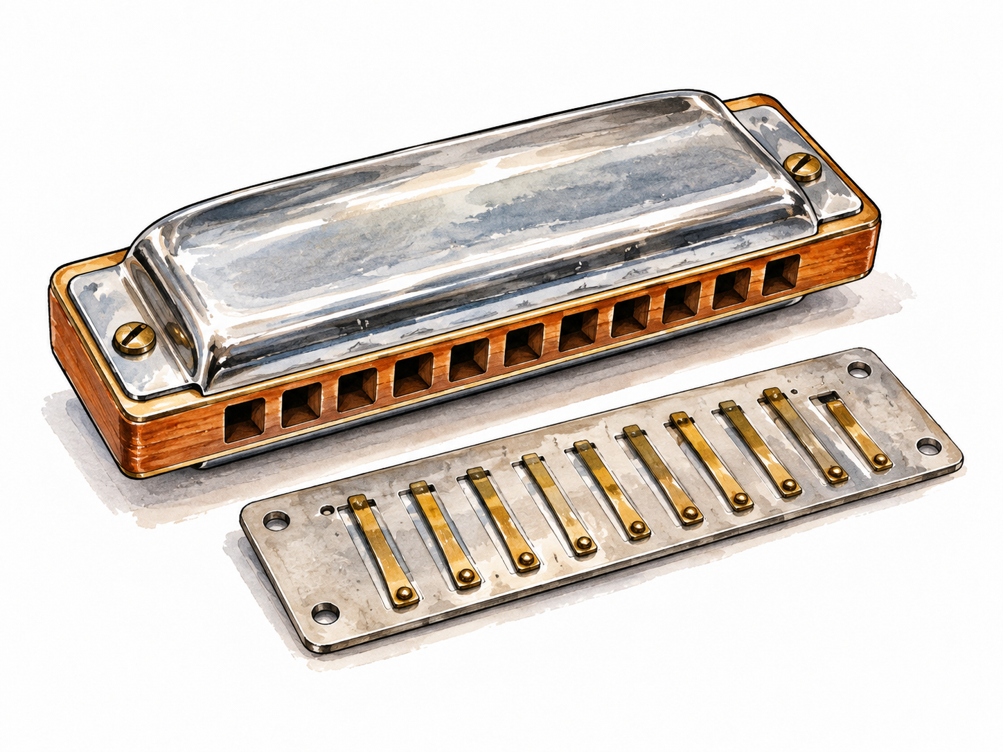 Close view of a small silver harmonica with clearly aligned rectangular mouth holes and exposed reed plate nearby, amber wood comb, elegant still life.