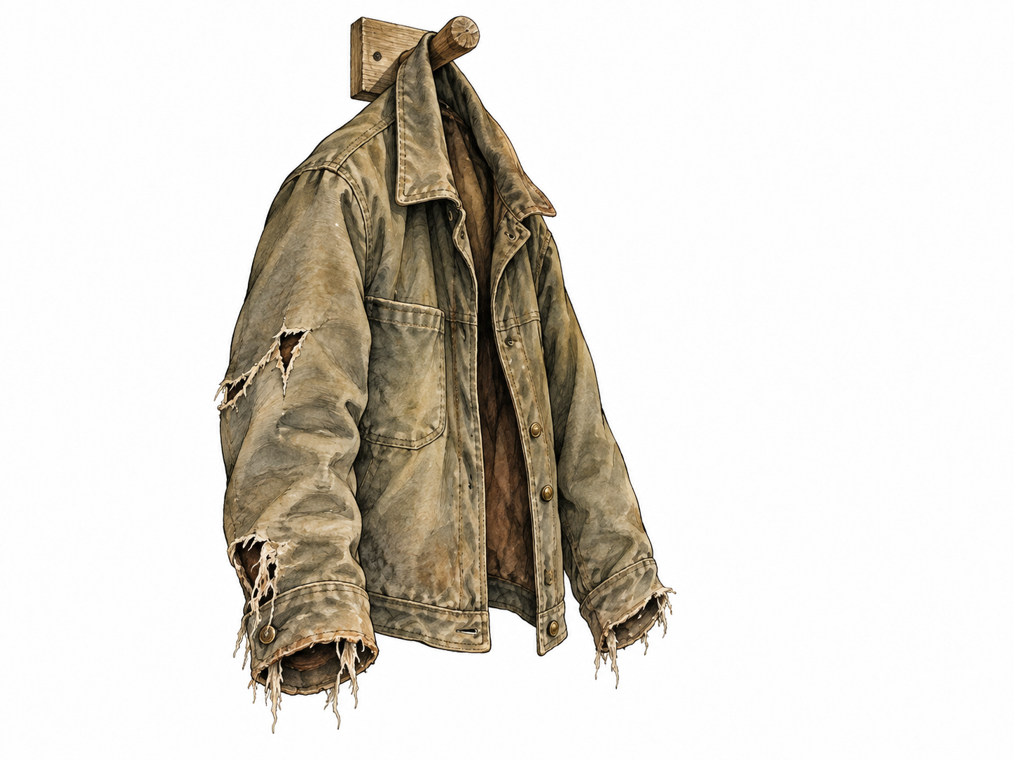 A weathered jacket with frayed cuffs and jagged tears hangs on a peg.