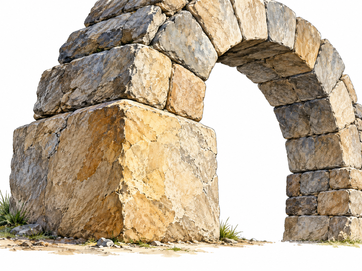 A large strong cornerstone supports the base of a modest stone arch, primary fundamental element, no text.