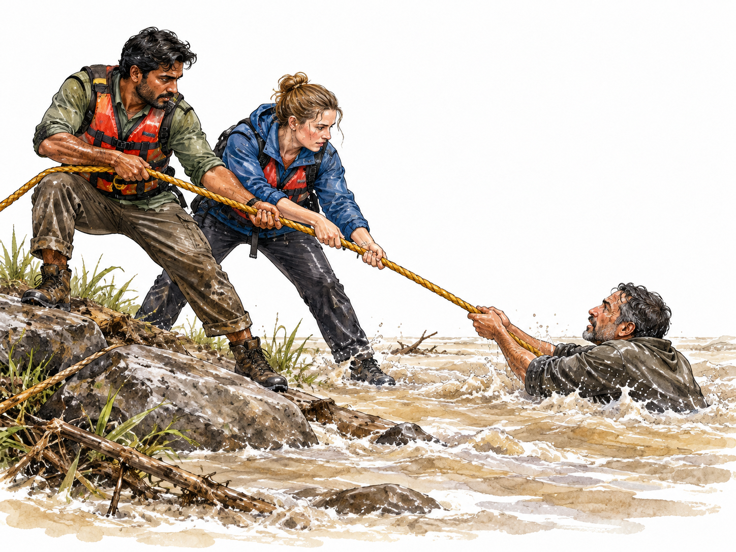 Two volunteer rescuers, South Asian man and white woman, hauling a stranded adult from shallow floodwater using a rope and firm footholds; brave coordinated action.
