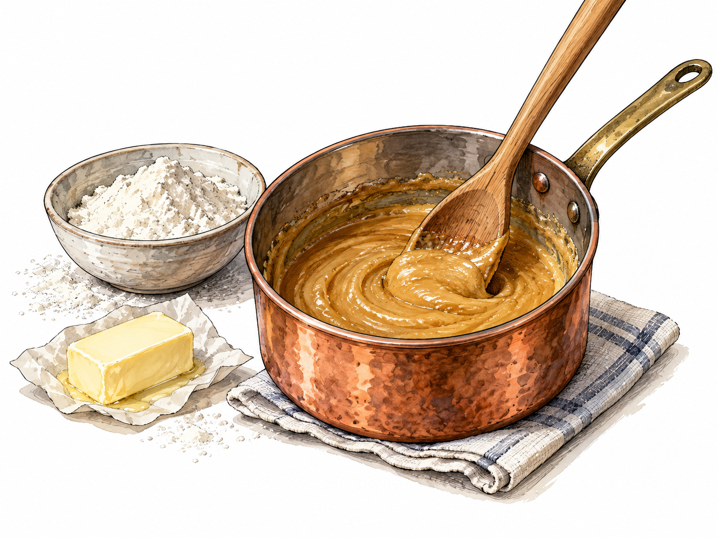 A small copper saucepan with golden-brown butter-and-flour roux being stirred by a wooden spoon, thick smooth paste, flour bowl nearby.