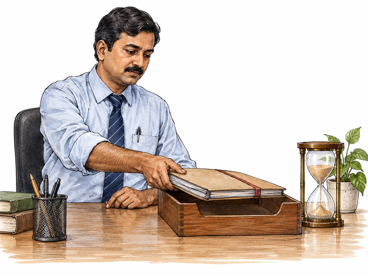 South Asian clerk sets a closed file in a waiting tray beside an hourglass, unfinished decision, no readable text.