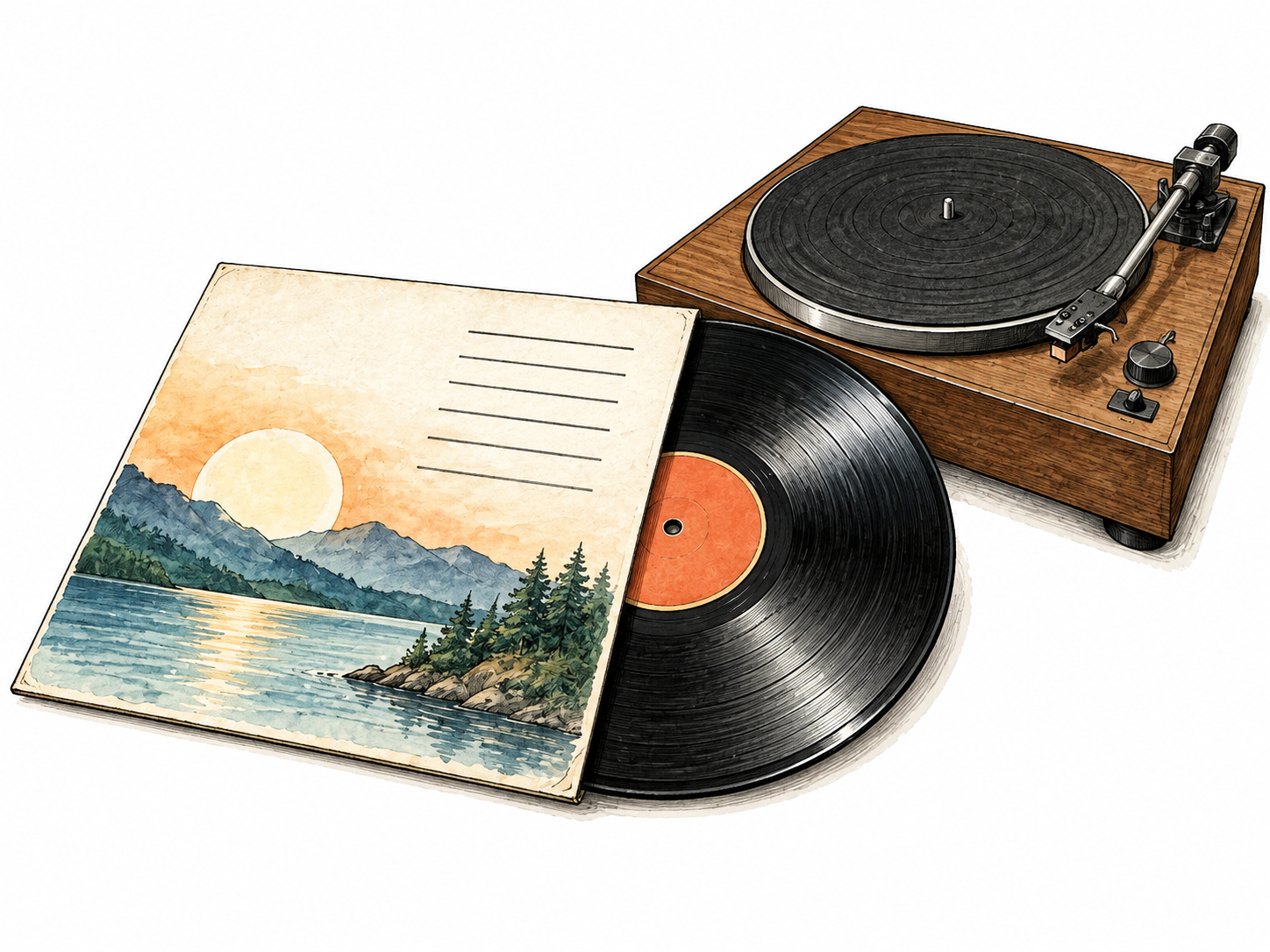 A vinyl music record partly drawn from an illustrated sleeve with several track-like lines but no words, turntable nearby.