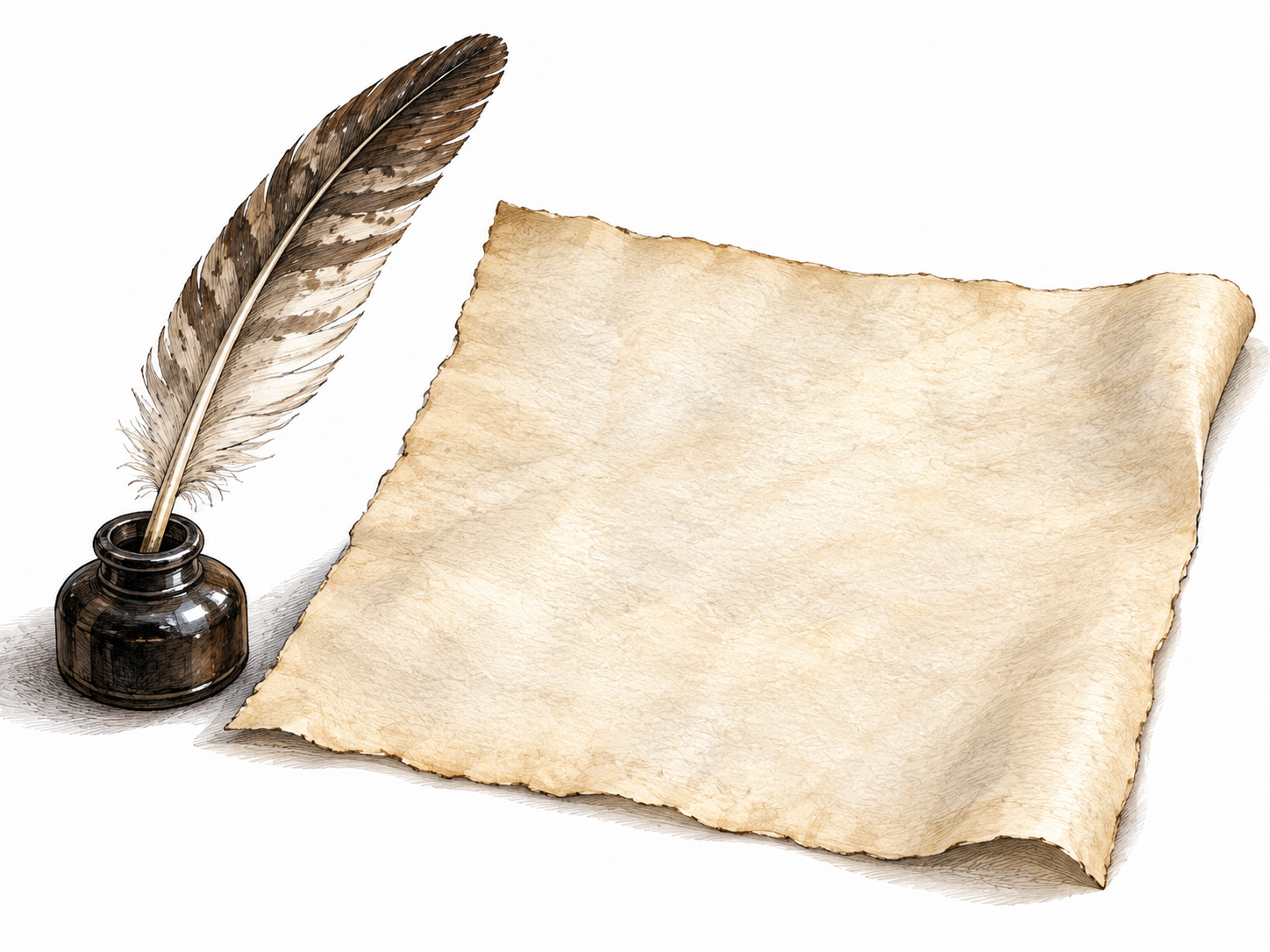 A cream parchment sheet with fine natural texture and softly irregular edge beside quill.