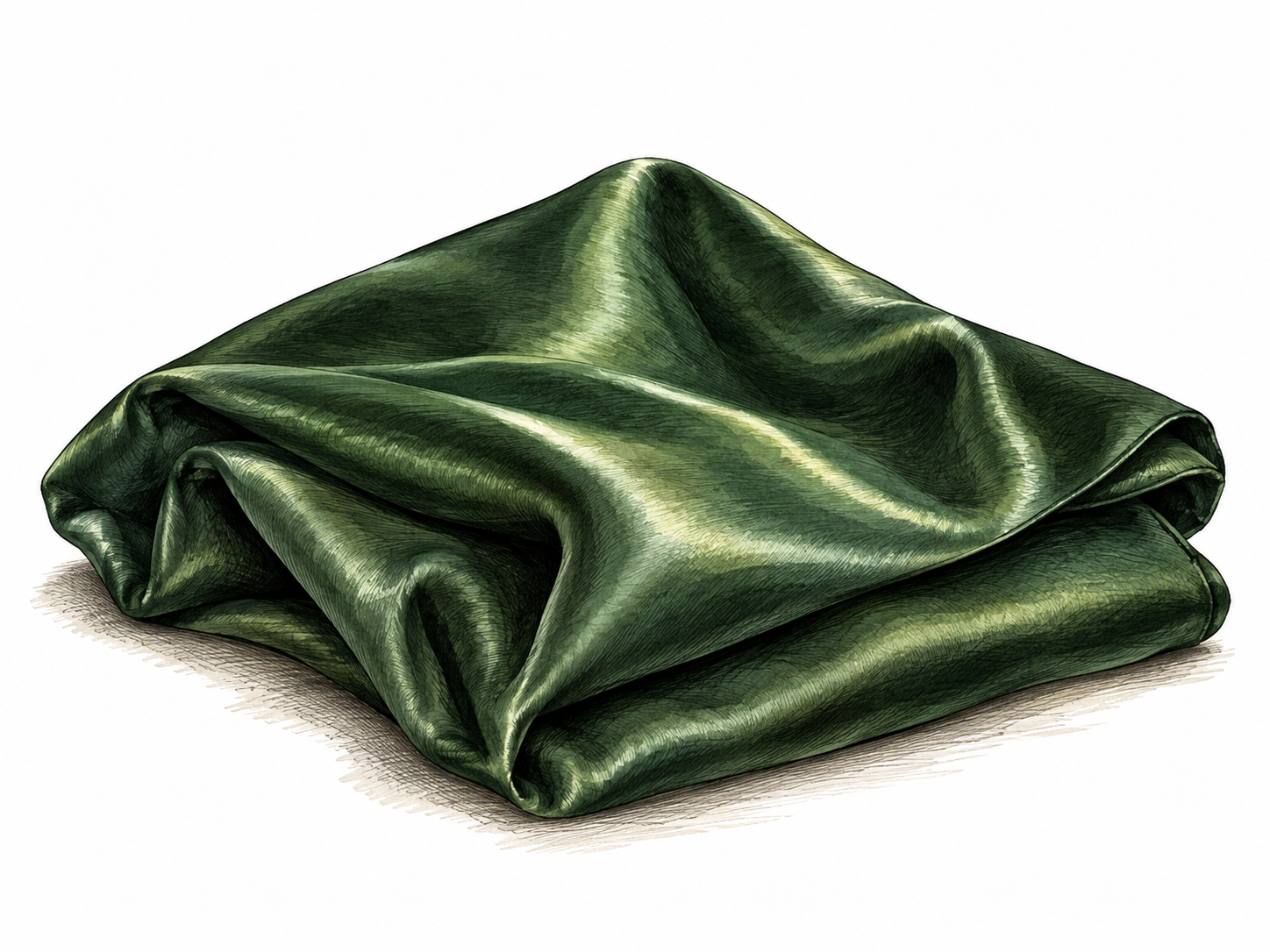 A folded piece of dark green silk with soft smooth reflected light, subtle sheen not glitter.