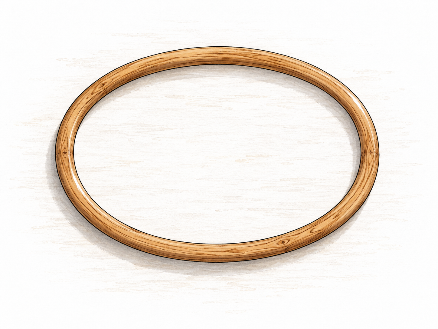 A single smooth oval wooden hoop on a pale tabletop, clearly flattened circle rather than perspective circle, viewed directly from above.