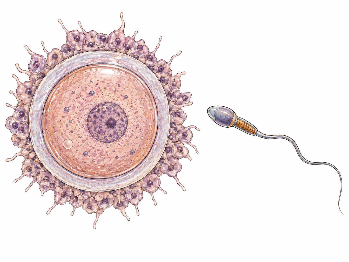 Scientific educational view of a human ovum and a sperm cell, separated, accurate cell shapes, no text.