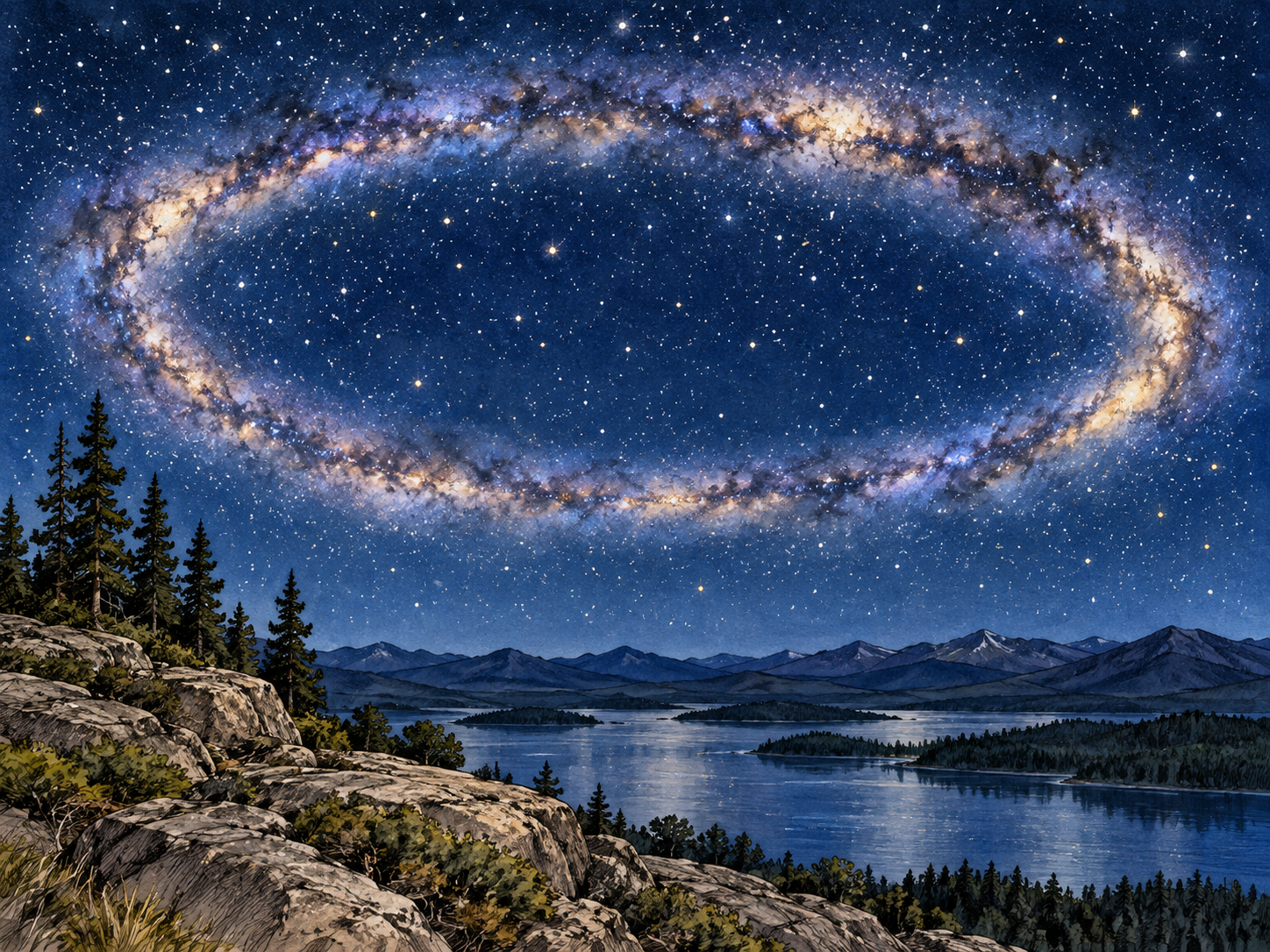 An endless circular band of stars over dark blue sky, unbroken ring evokes lasting forever.