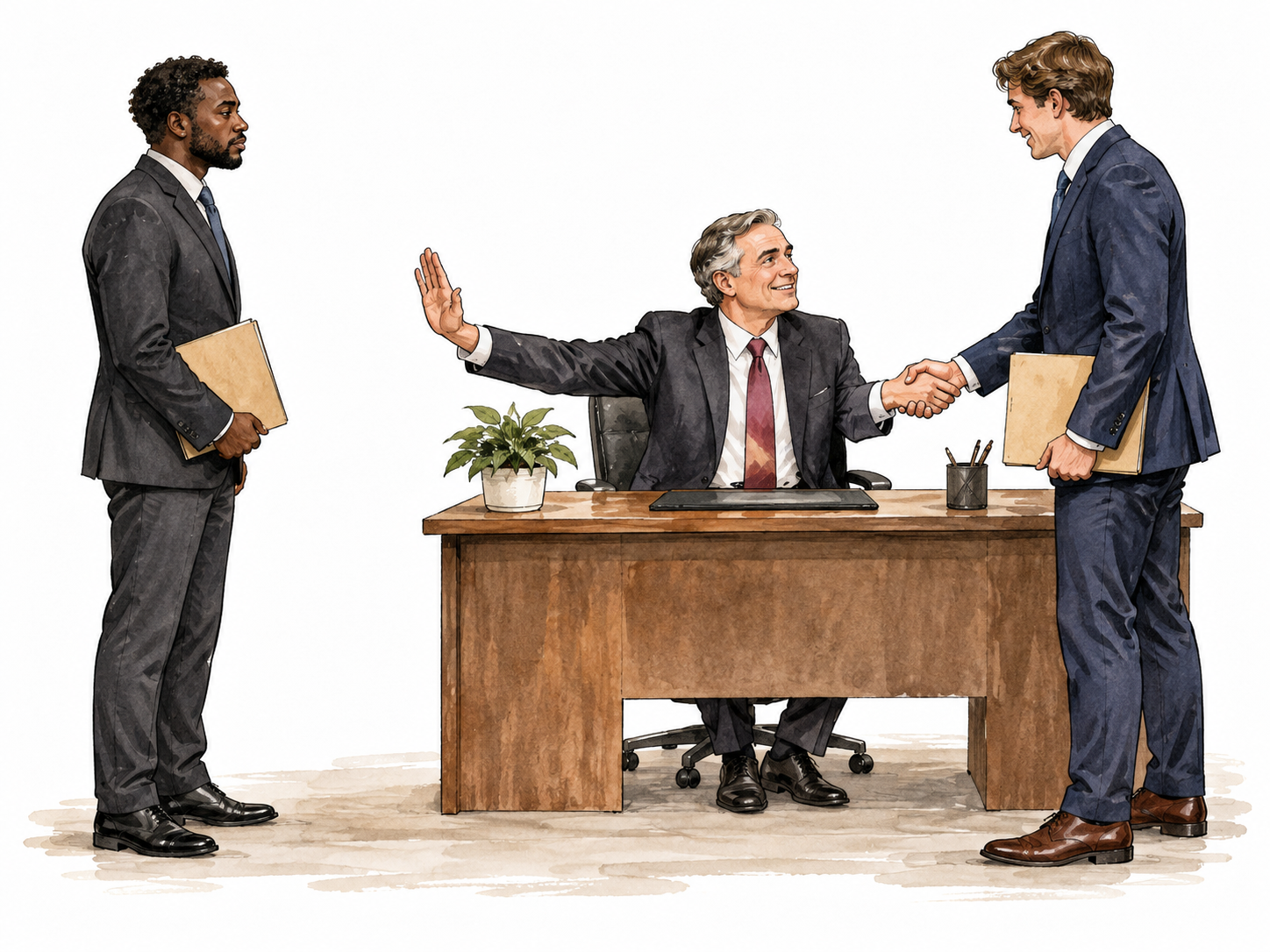 Two equally prepared job applicants with identical folders at an office desk; a white gatekeeper welcomes the white applicant while turning away a Black applicant, unfair identity-based treatment, dignified rejected person.