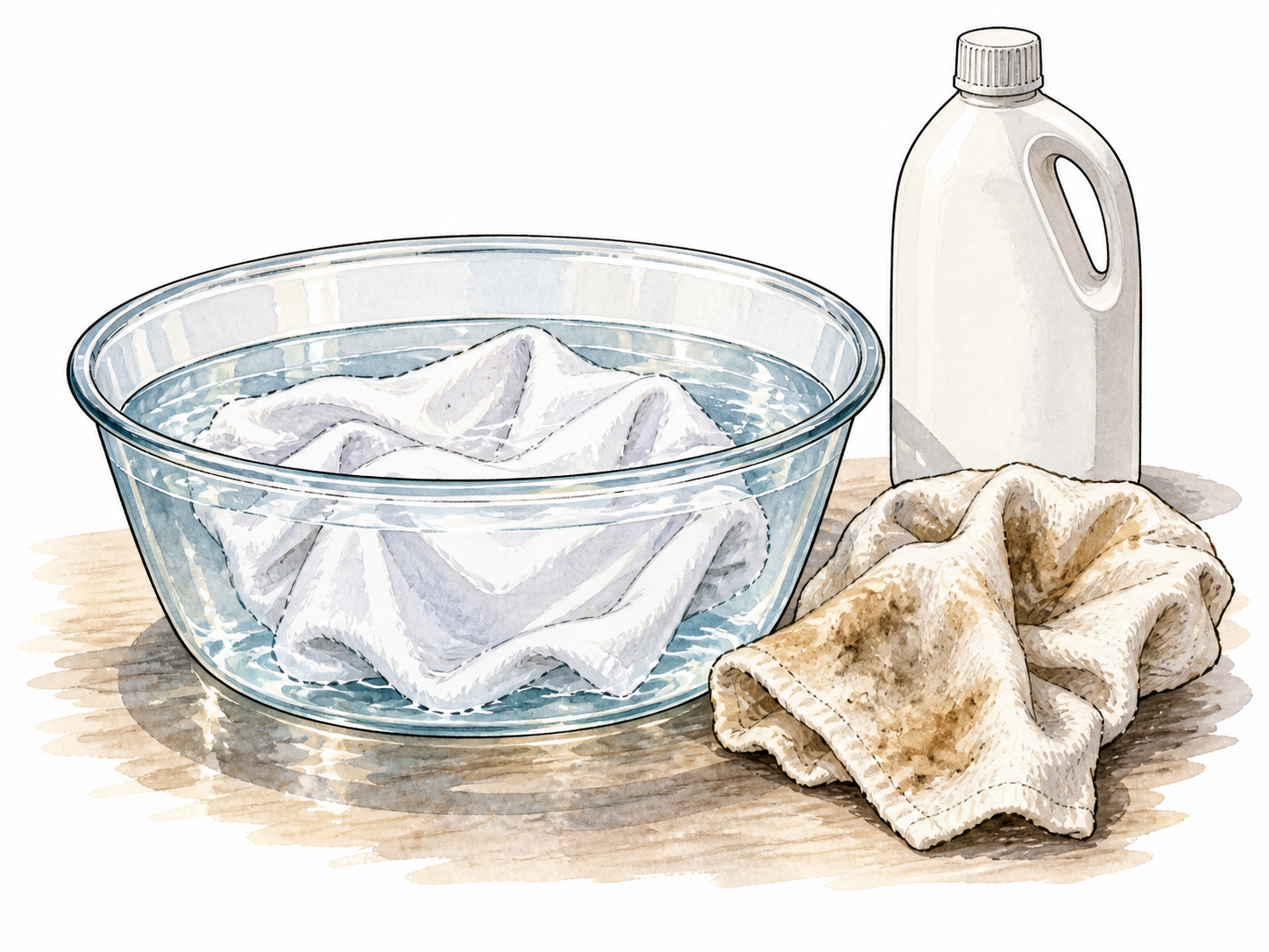 White cotton cloth in a clear basin becoming lighter beside another stained cloth and a plain unlabeled bottle, household whitening, no mixing products or people.