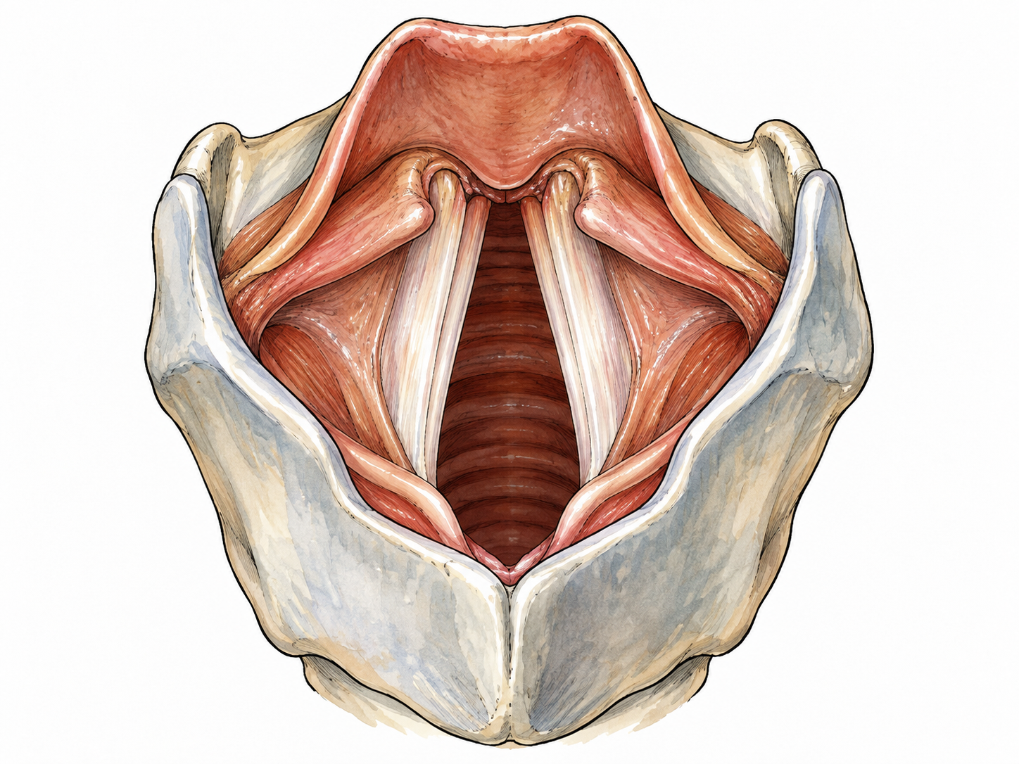 Close scientific anatomical cutaway of larynx showing paired pale vocal folds and central airway opening, accurate thyroid cartilage context, clean and non-gory.