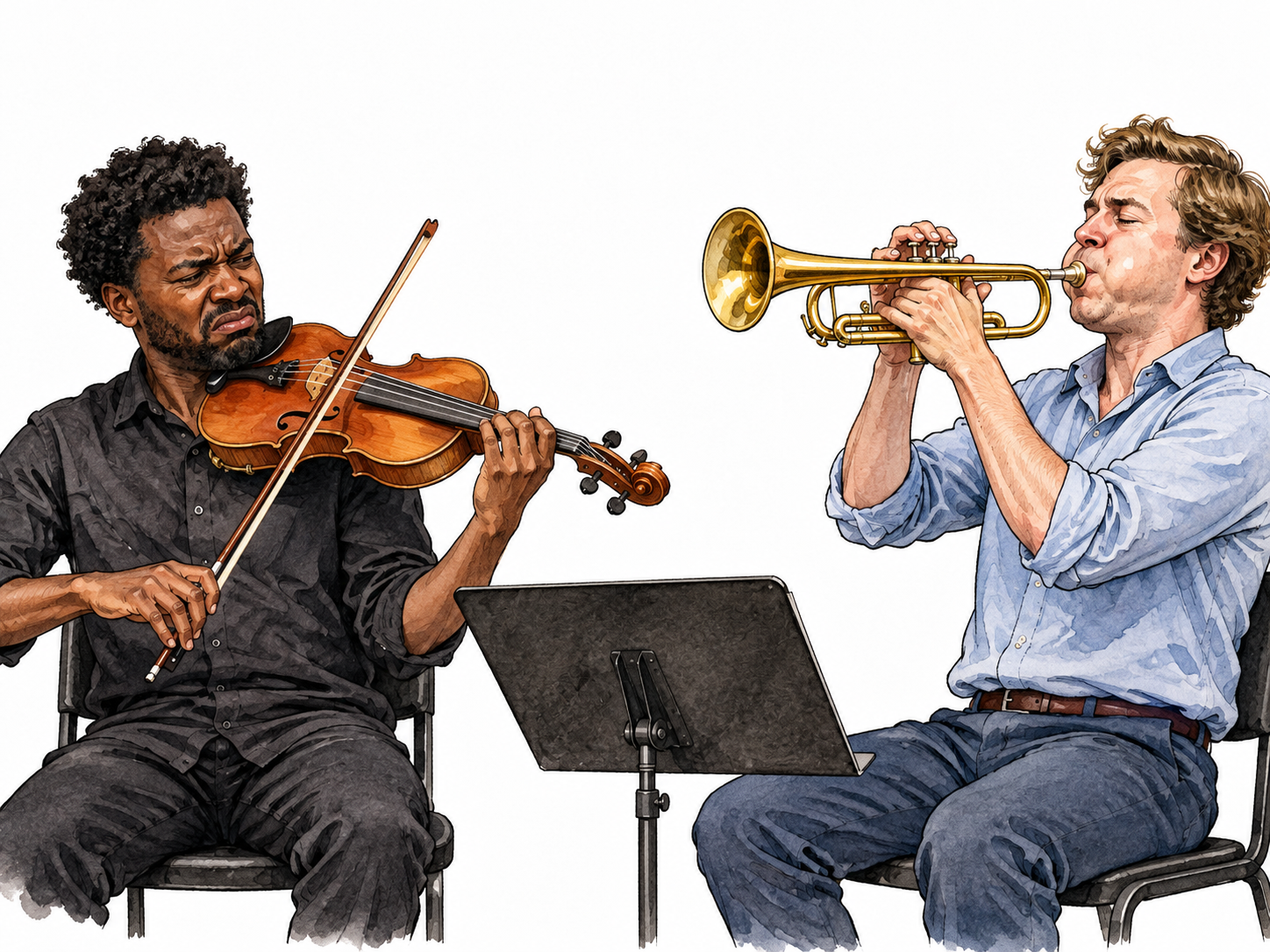 A Black violinist grimaces at another musician's clashing trumpet note in rehearsal, no notes or text.