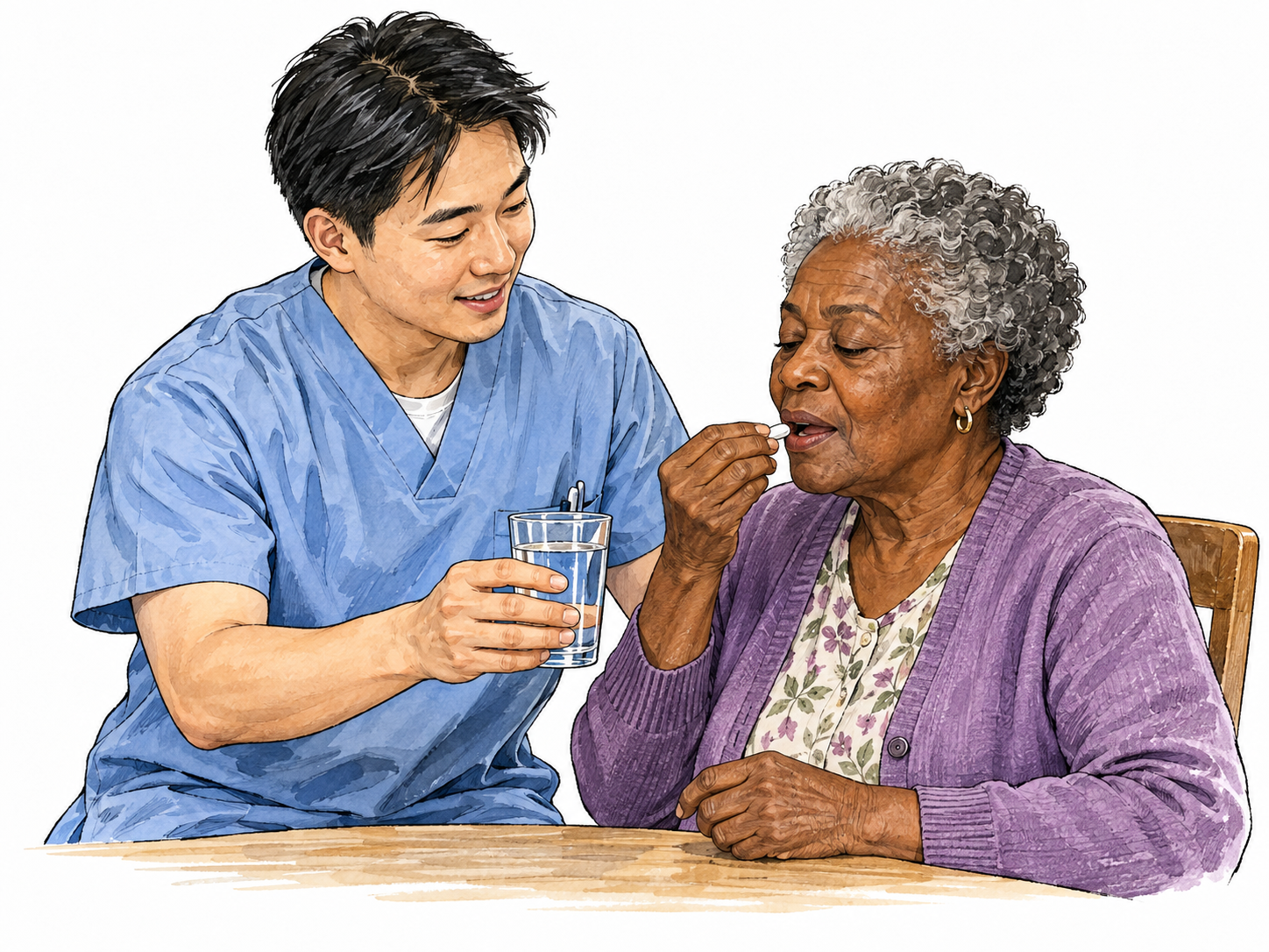 An East Asian male nurse helping an older Black woman take a prescribed pill with a glass of water, calm supervised treatment, no labels.