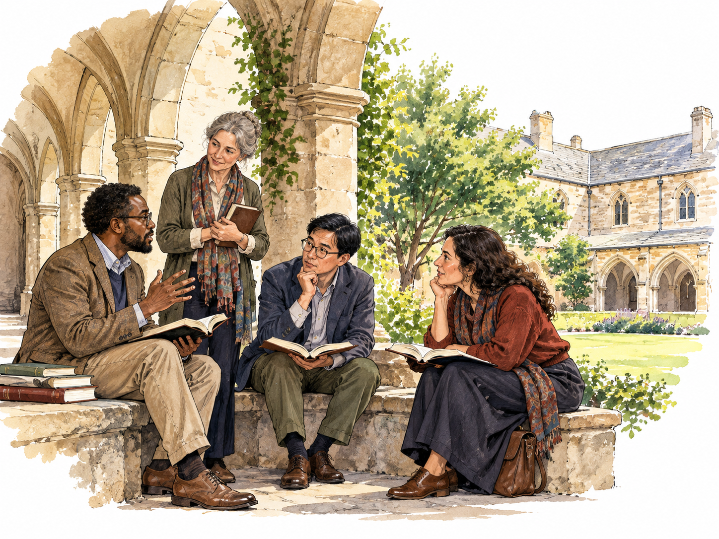 A university courtyard where diverse adult scholars discuss books under old arches, quiet scholarly world.