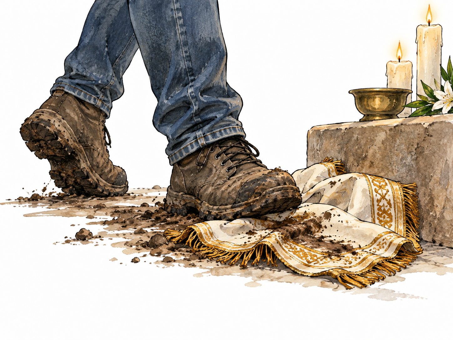 A person carelessly trampling and muddying a small sacred ceremonial cloth fallen beside an altar, feet only and symbolic candles; clear disrespectful treatment, no identifiable religion or desecration gore.