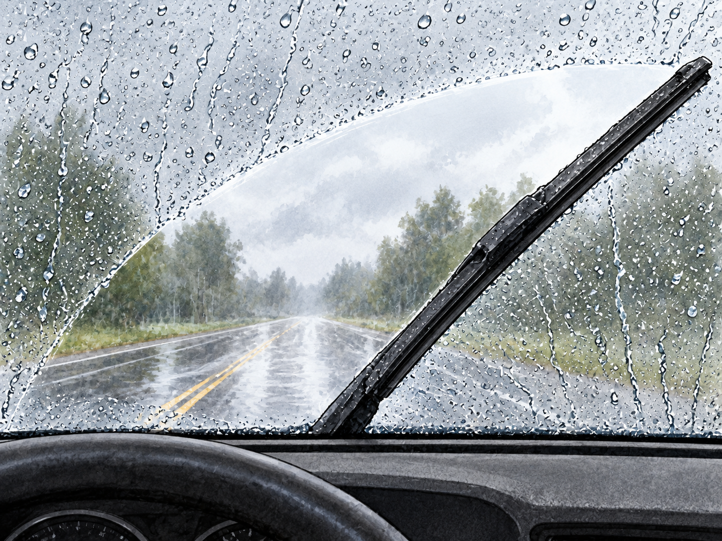 Close view through a rainy car windshield showing wiper blade clearing a broad arc.