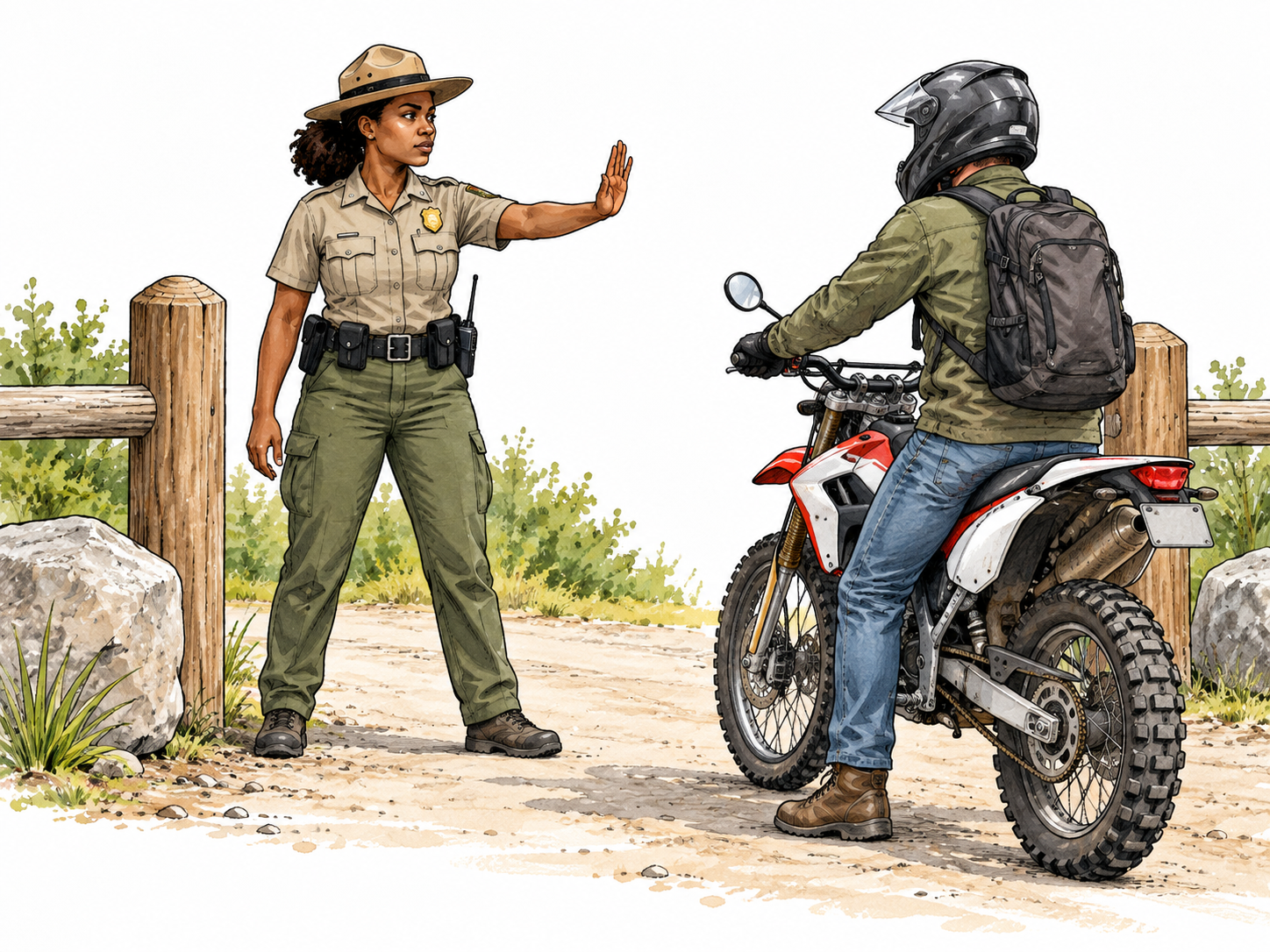 Black woman park officer firmly stops a visitor bringing a motorbike past an entrance, hand raised, no signs.