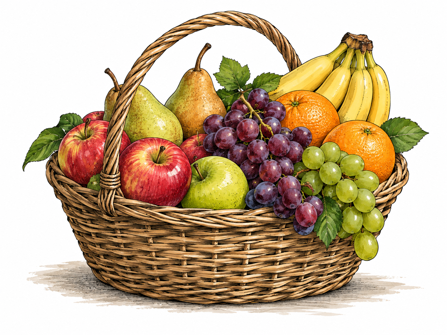 Produce basket with apples, grapes, pears, oranges and bananas, rich variety.