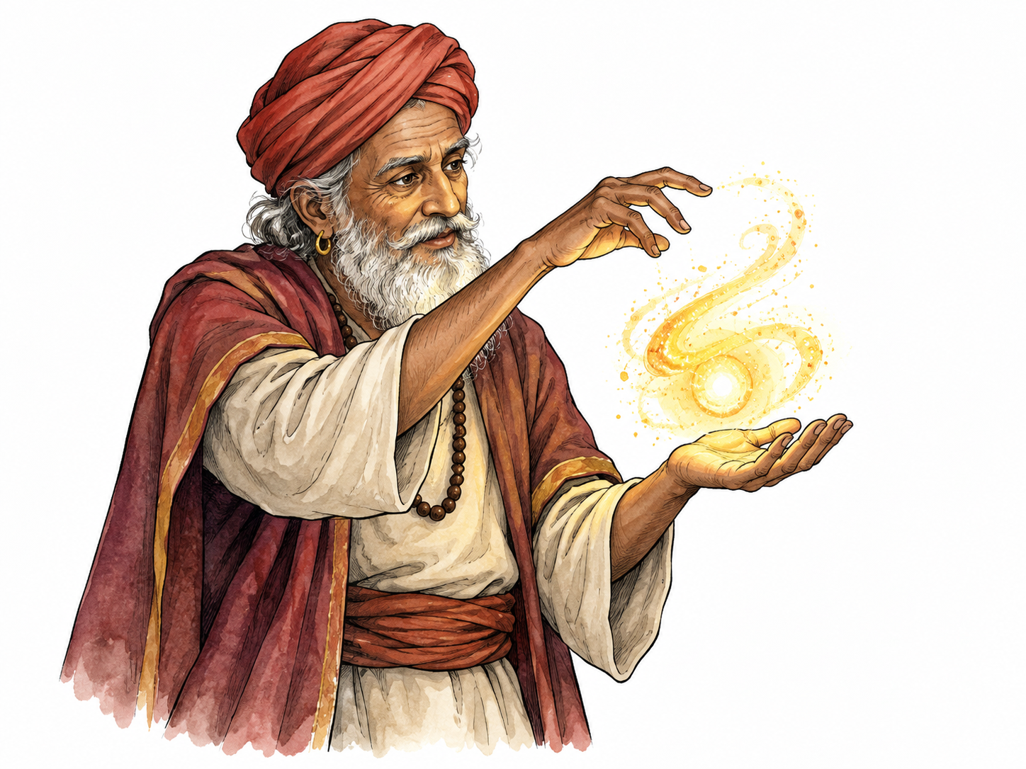 An older South Asian storybook magician in simple robes casts a subtle glowing spell above an open hand, realistic human anatomy.