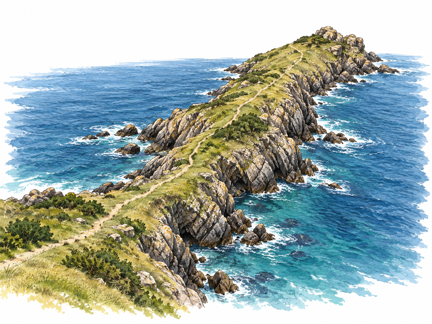 Rocky narrow coastal headland projects into blue ocean, aerial angled view.