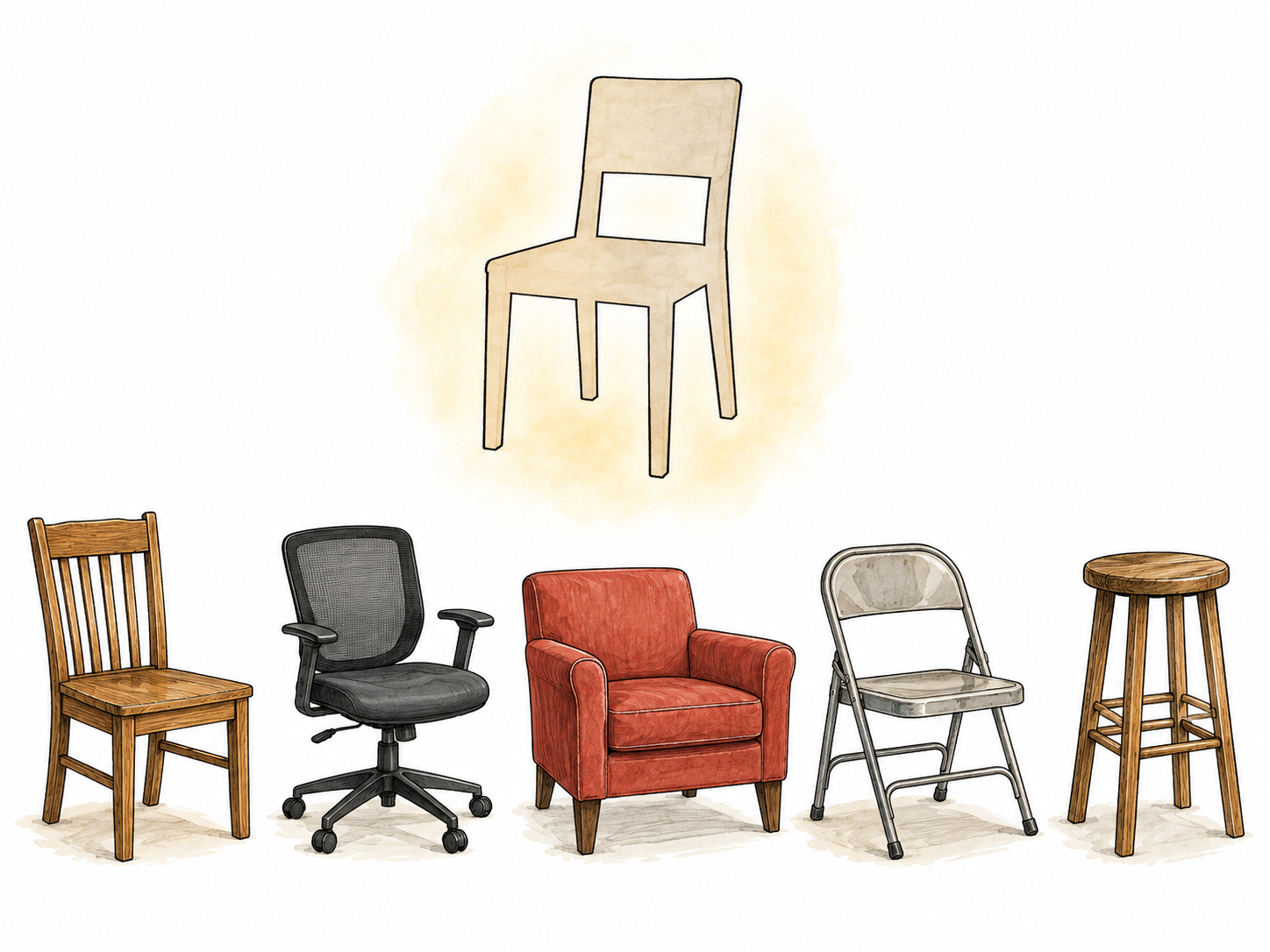Several different chairs below distilled into a simplified common chair silhouette above, conceptual generalization, no arrows or words.
